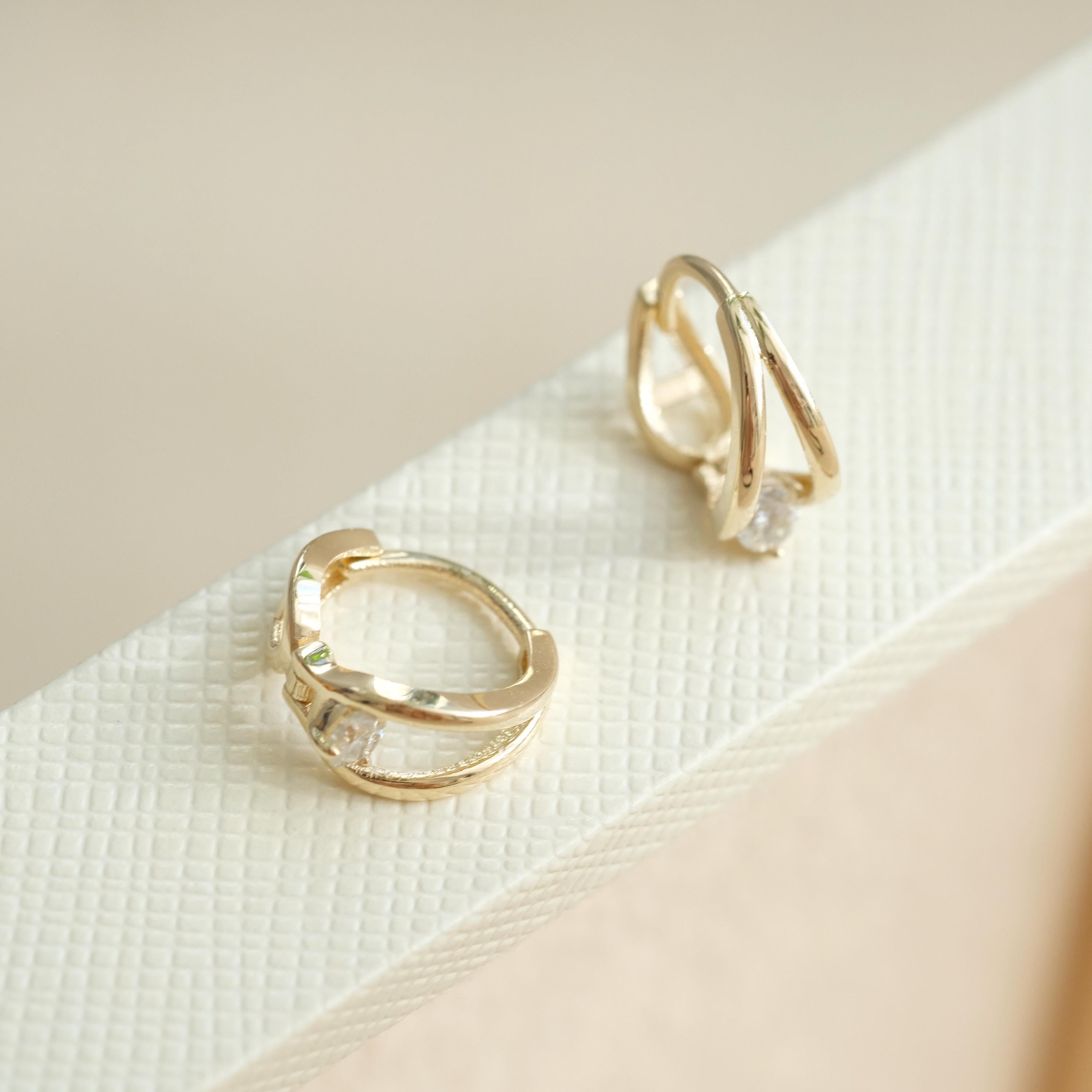 14K Solid Gold Double Circle Crystal Huggie Hoop Earrings - Elegant & Dainty for Everyday Glamour.