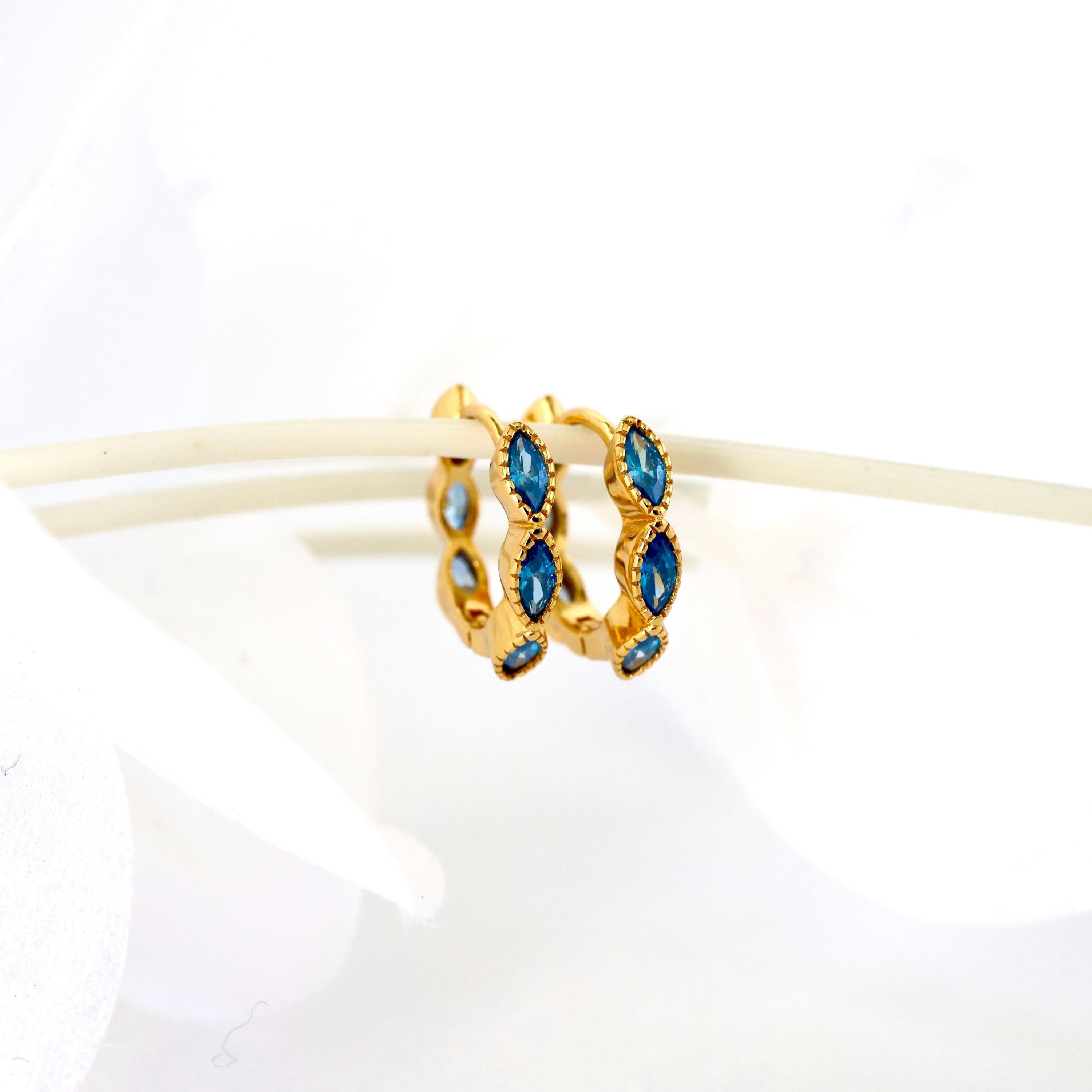 Elegant Gold Plated 925 Sterling Silver Blue Marquise Dangle Hoop Earrings - Perfect Gift for Her.