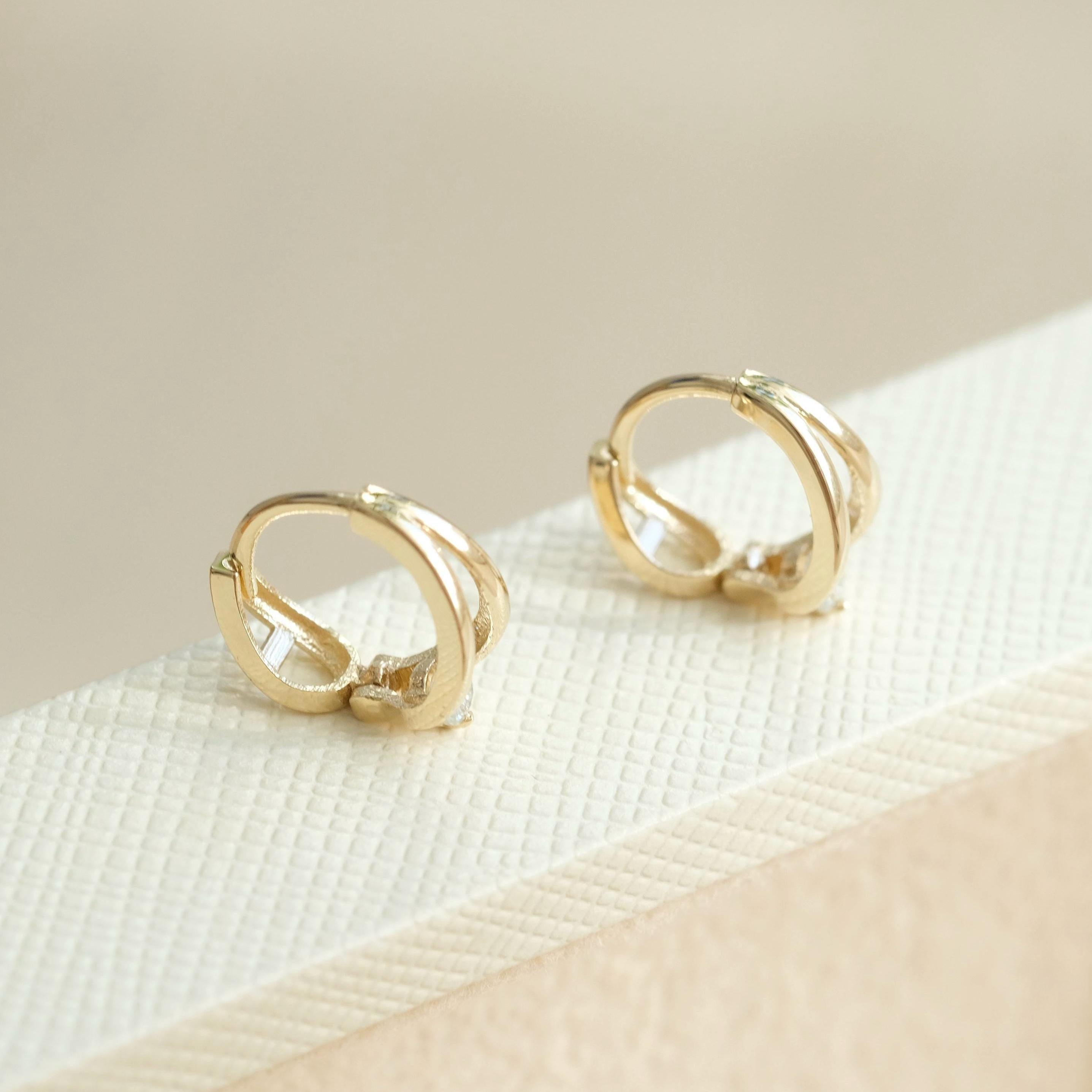 14K Solid Gold Double Circle Crystal Huggie Hoop Earrings - Elegant & Dainty for Everyday Glamour.