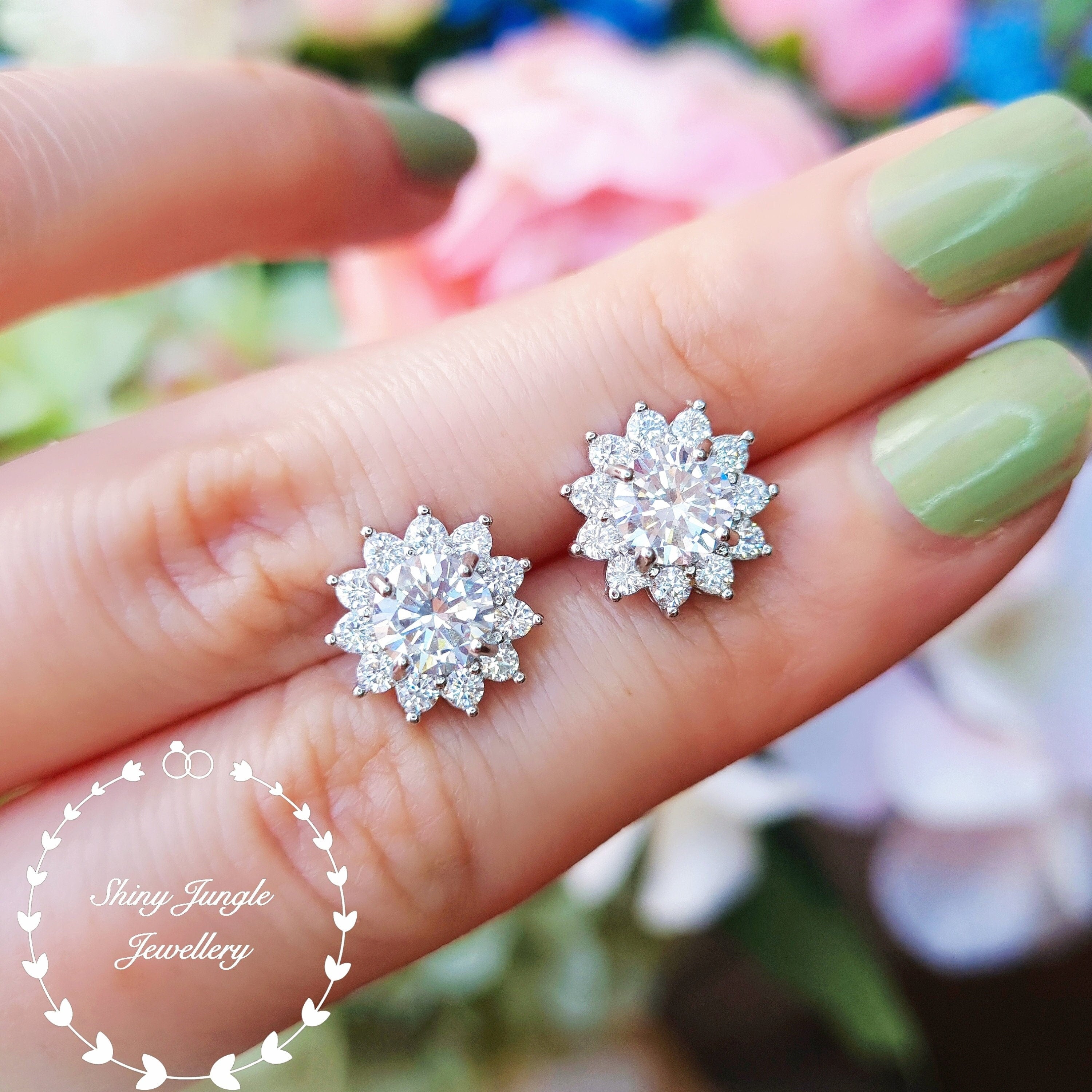 Diamond Stud Earrings, Flower Halo Diamond Simulant Studs, 14K White Gold and Rose Gold Plated Sterling Silver, Christmas Gift with Box