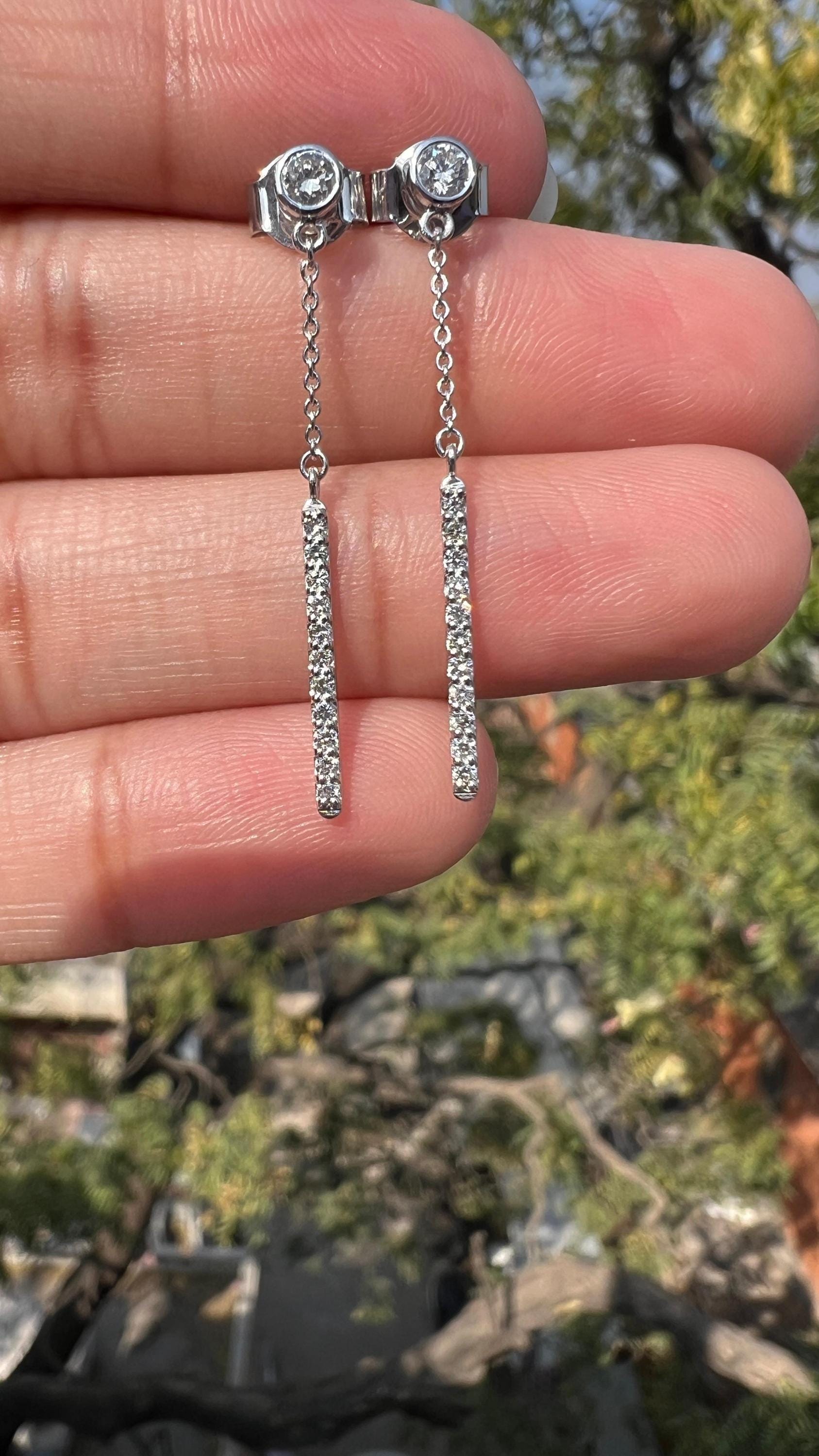 14K Yellow Gold Diamond Bar Drop Earrings: Minimalist Fine Jewelry