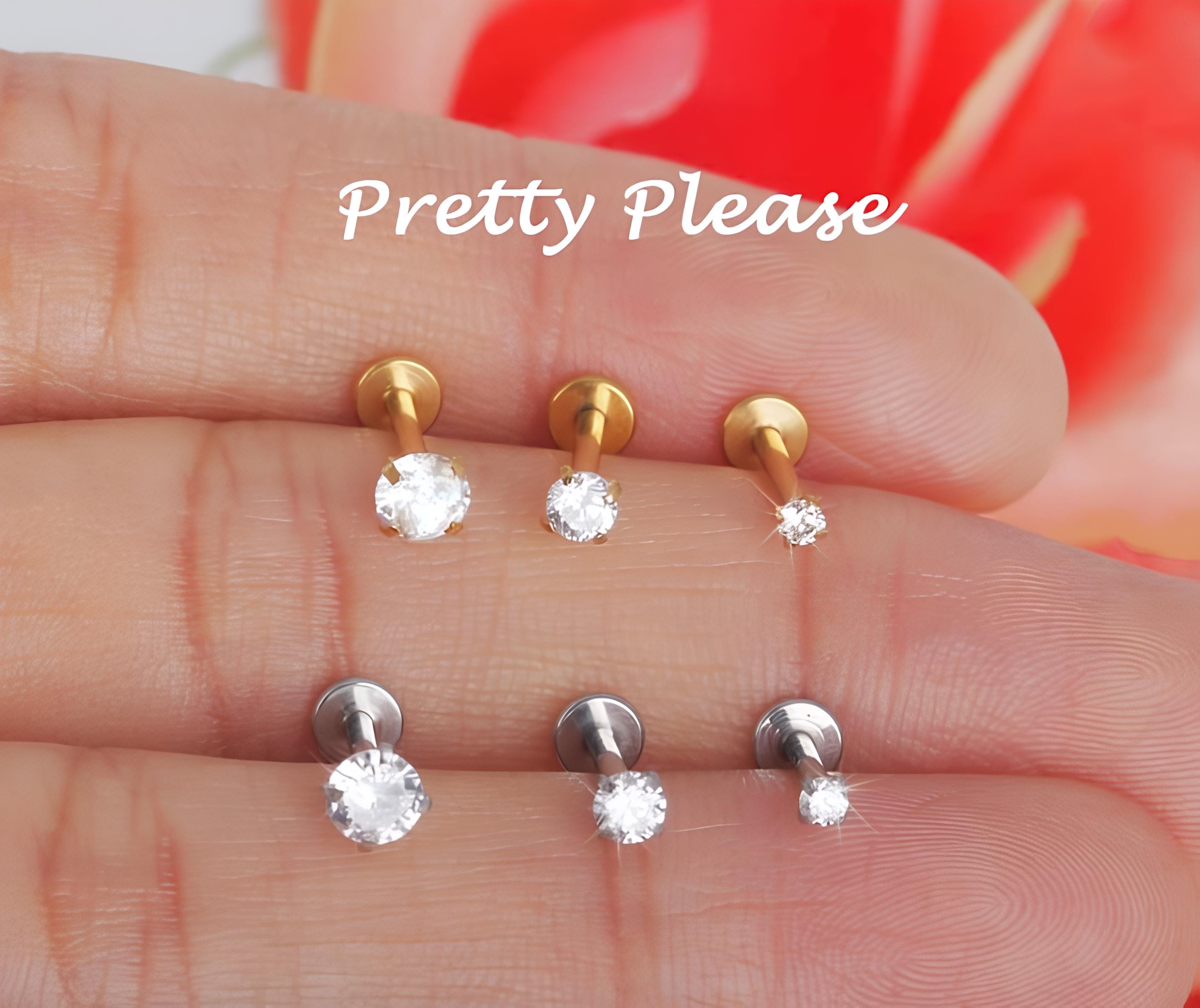 16G Tragus Stud, Flatback Earrings for Tragus Piercing, Helix Stud, Labret Stud Earrings, Conch Cartilage, Internally Threaded, CZ Dainty