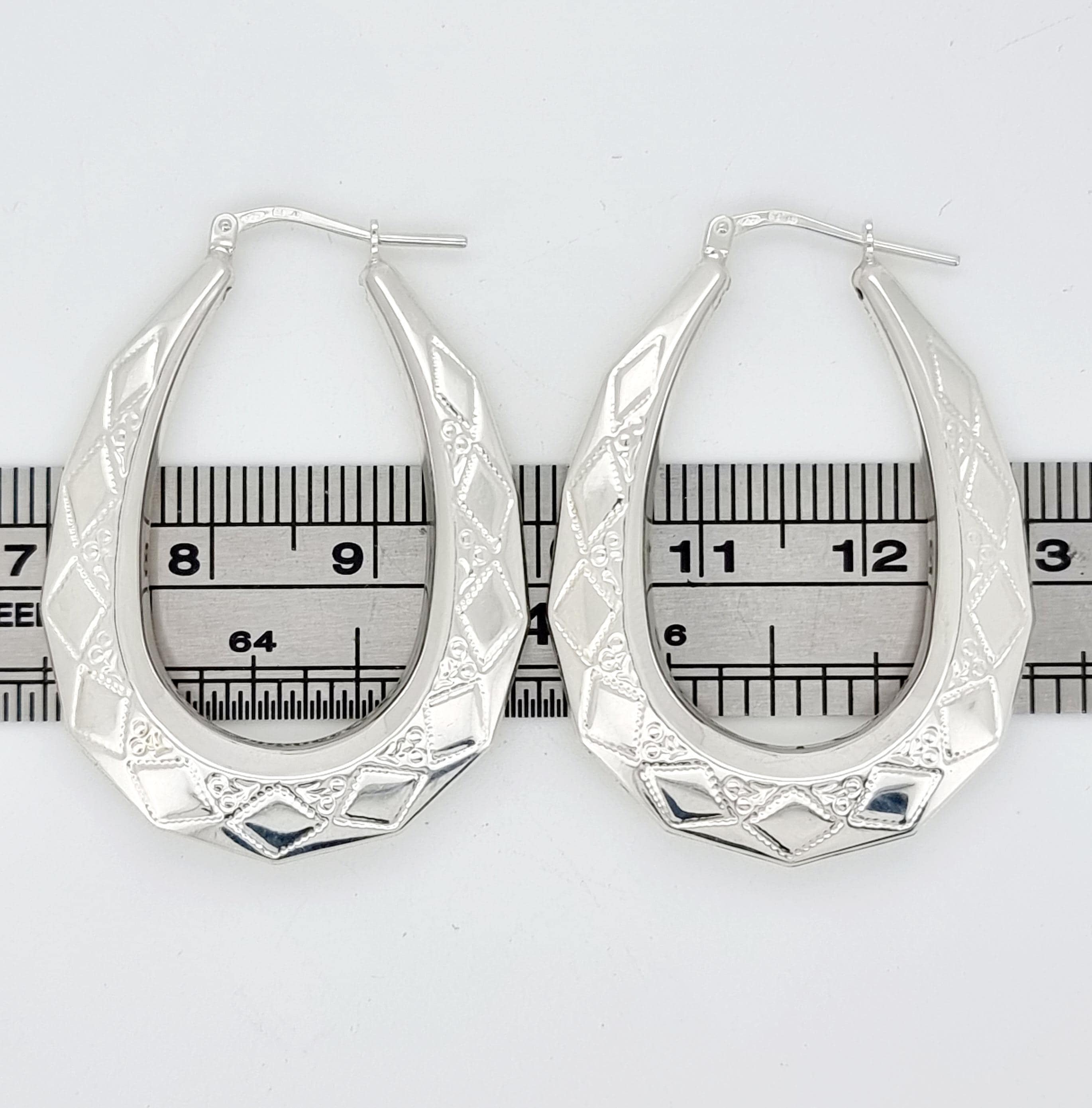 Sterling Silver Hoop Earrings 40X30Mm Oval Engraved U Shape Diamond Pattern Gypsy Victorian Creoles Gift Box