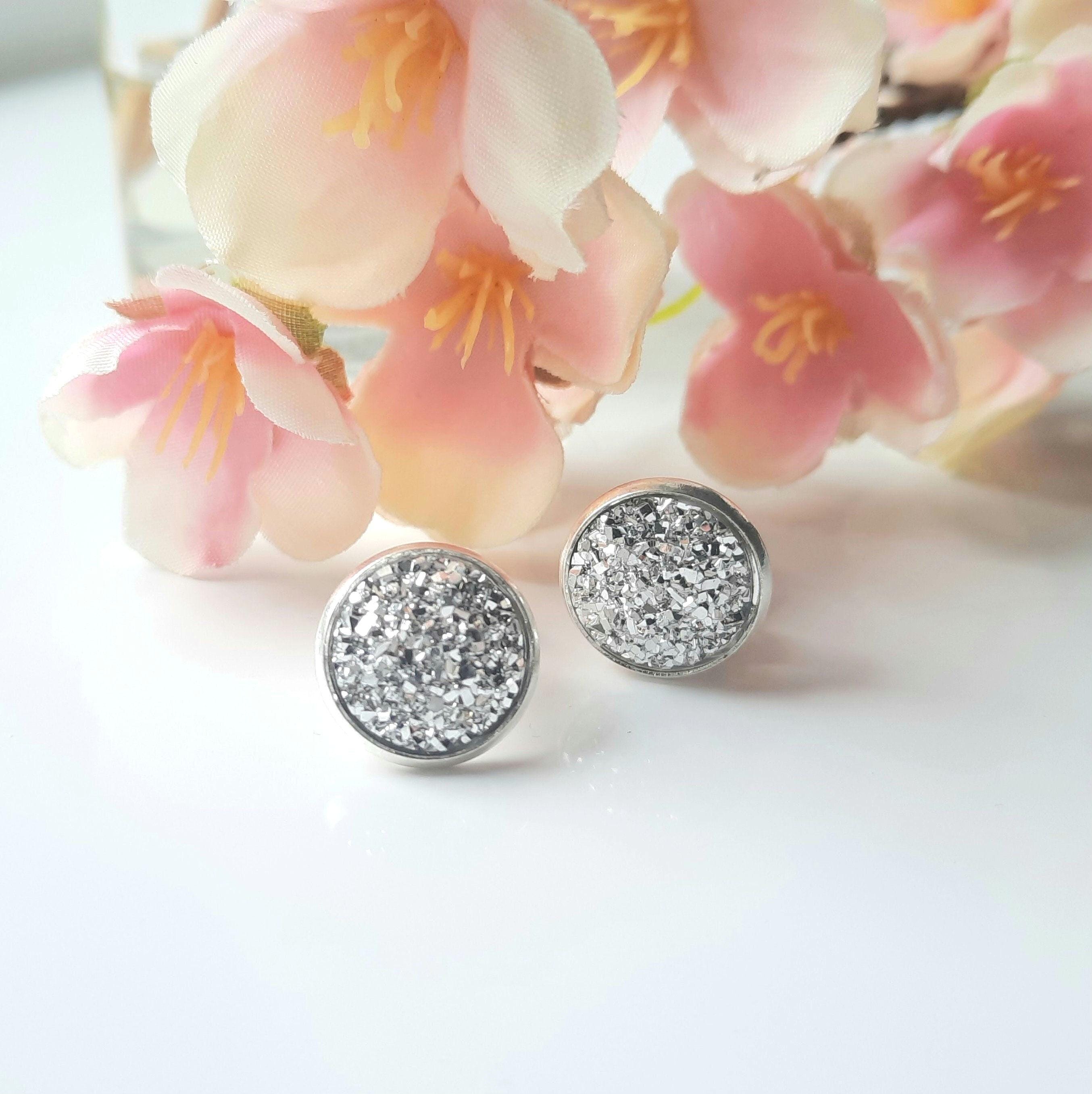 Silver Glitter Clip on Stud Earrings. Stainless Steel 12Mm Studs