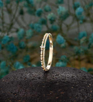 Delicate Double Diamond Wedding Band,14K Yellow Gold Ring,Vintage Milgrain Ring,Dainty Wedding Band Women,Minimalist Stacking Promise Band