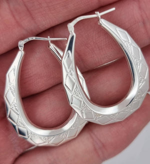 Sterling Silver Hoop Earrings 40X30Mm Oval Engraved U Shape Diamond Pattern Gypsy Victorian Creoles Gift Box