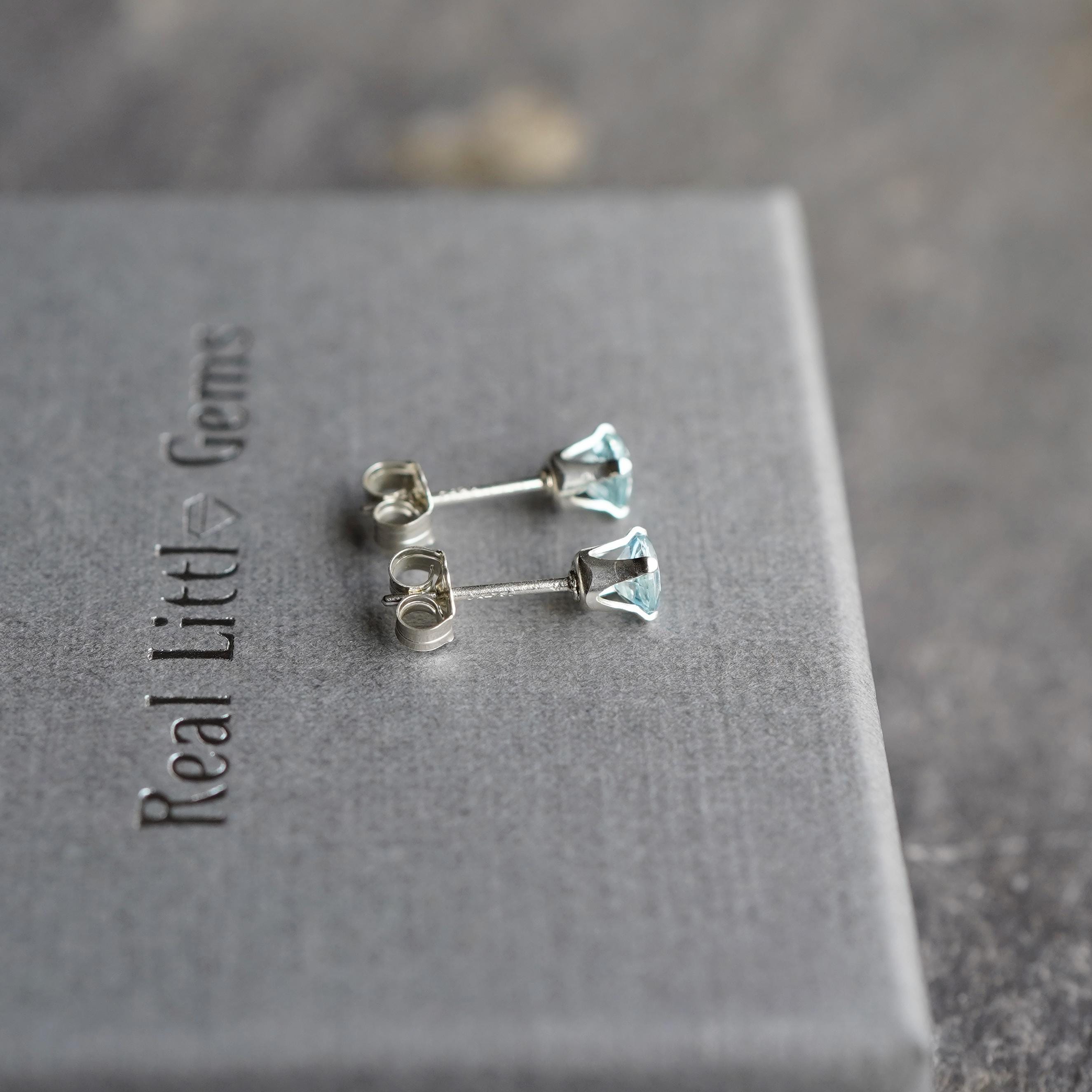 Natural Aquamarine 925 Sterling Silver 4Mm round Stud Earrings Gift Boxed