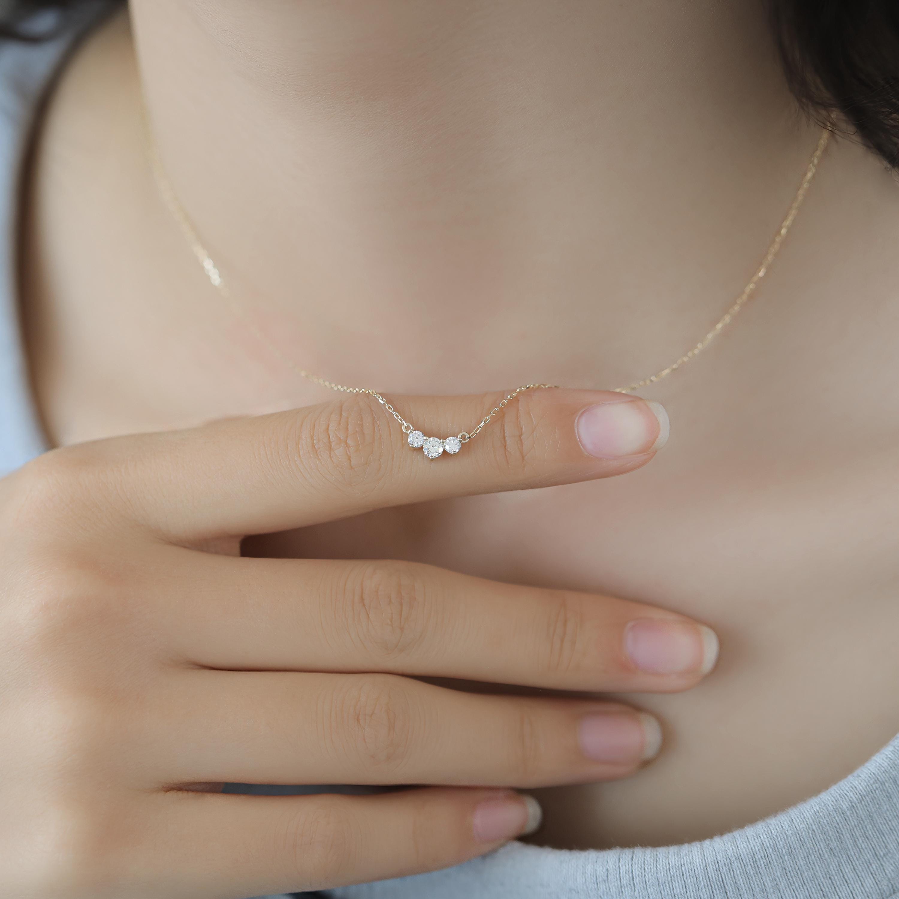 14K Solid Gold Classic Trio Diamond Necklace, Dainty Diamond Necklace Triple Sparkling Gemstone Necklace, Handmade Jewelry, Gift for Her