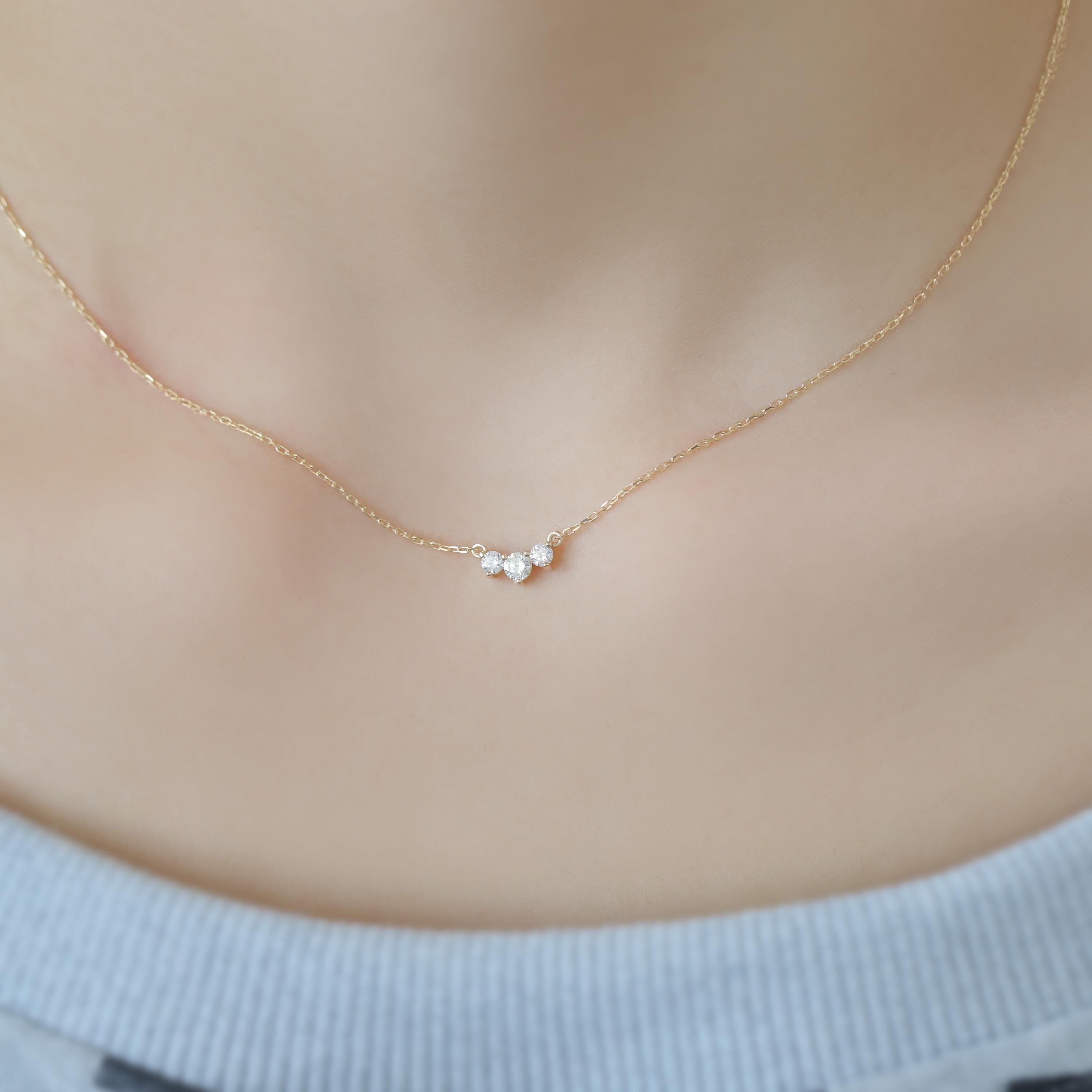 14K Solid Gold Classic Trio Diamond Necklace, Dainty Diamond Necklace Triple Sparkling Gemstone Necklace, Handmade Jewelry, Gift for Her