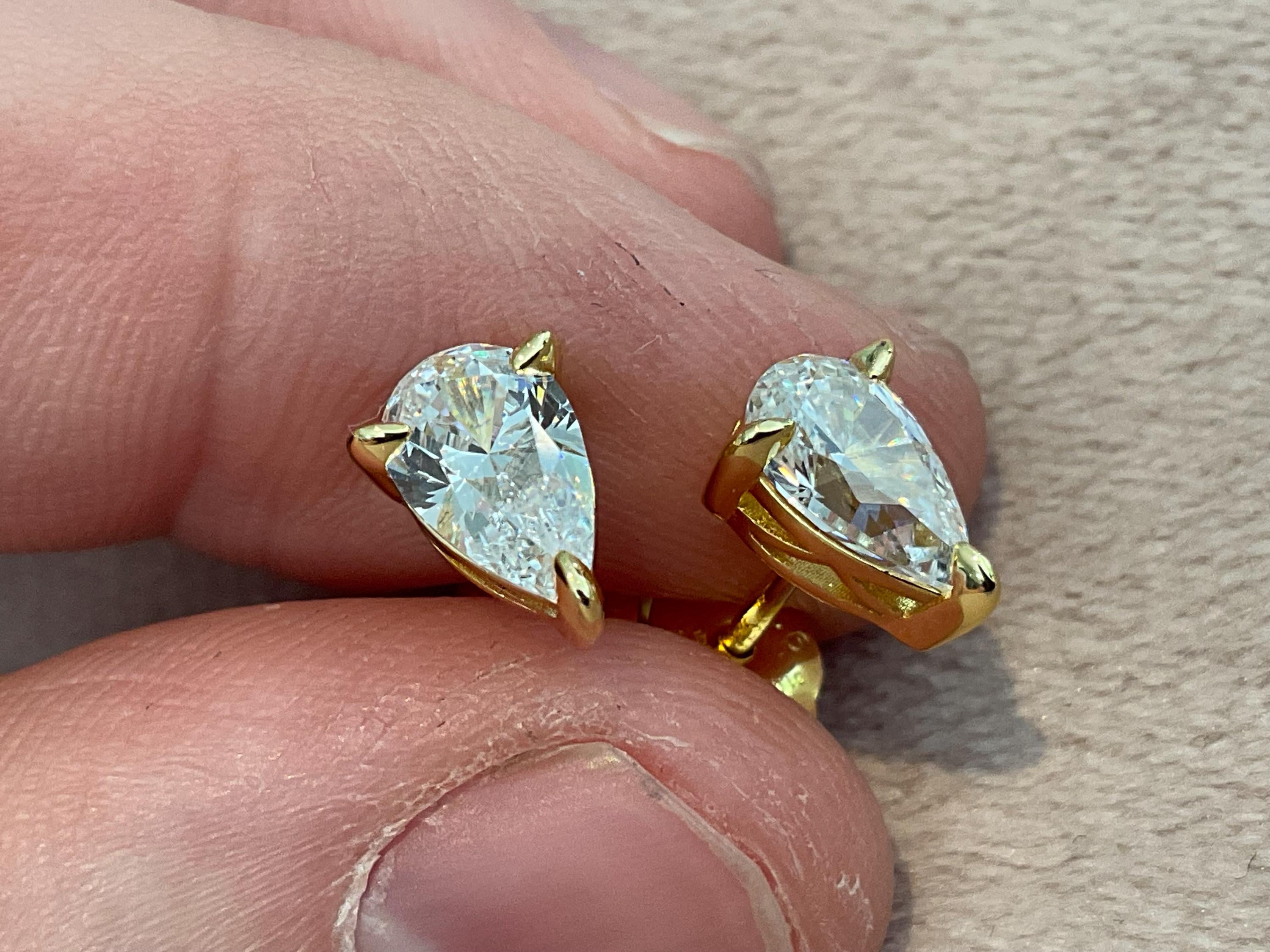 2.0 Carat Pear Cut Lab Diamond Earrings: Gold Plated Sterling Silver