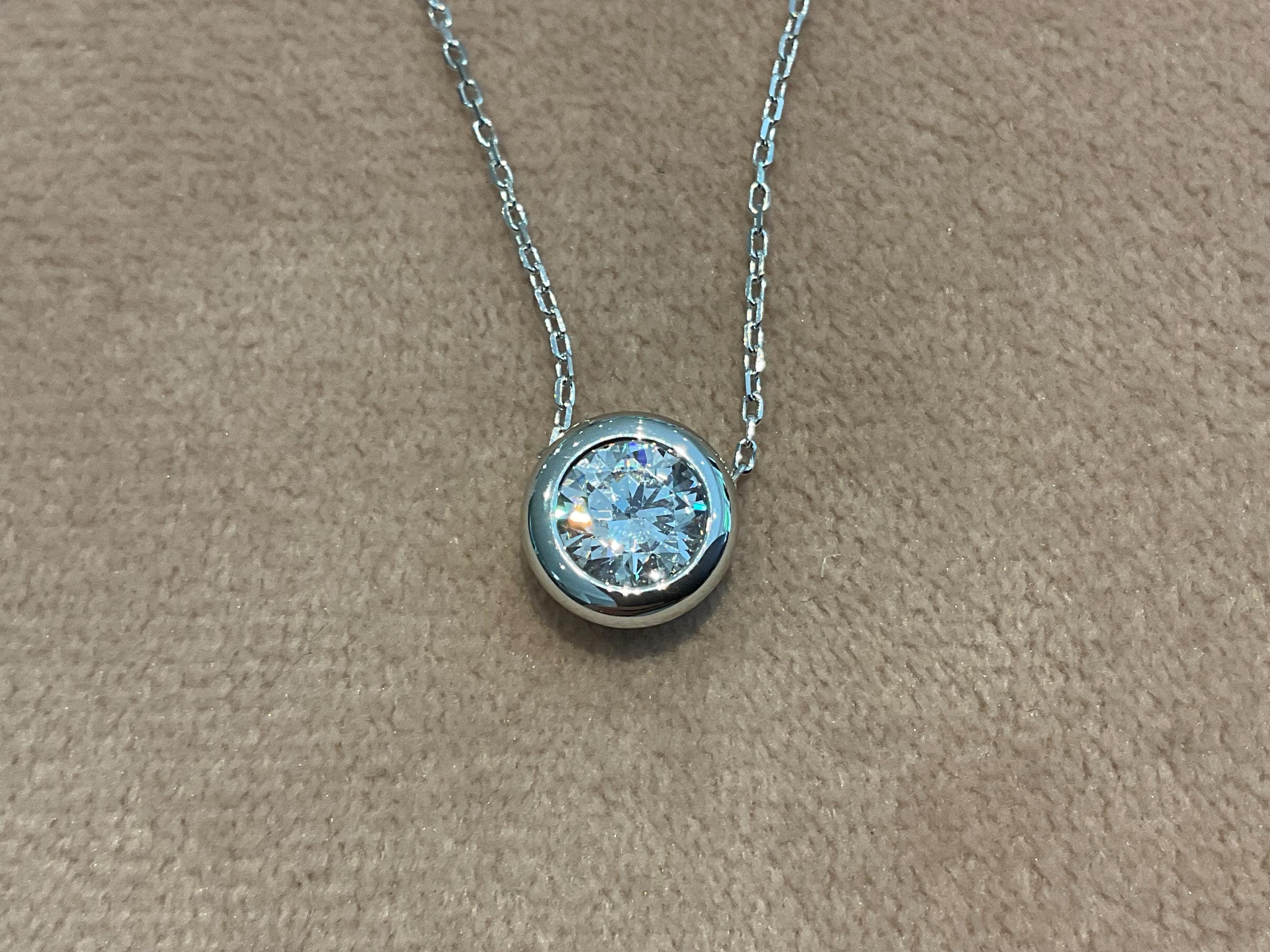 1.0 Carat Lab Diamond Necklace: Platinum Plated Silver Bezel Set