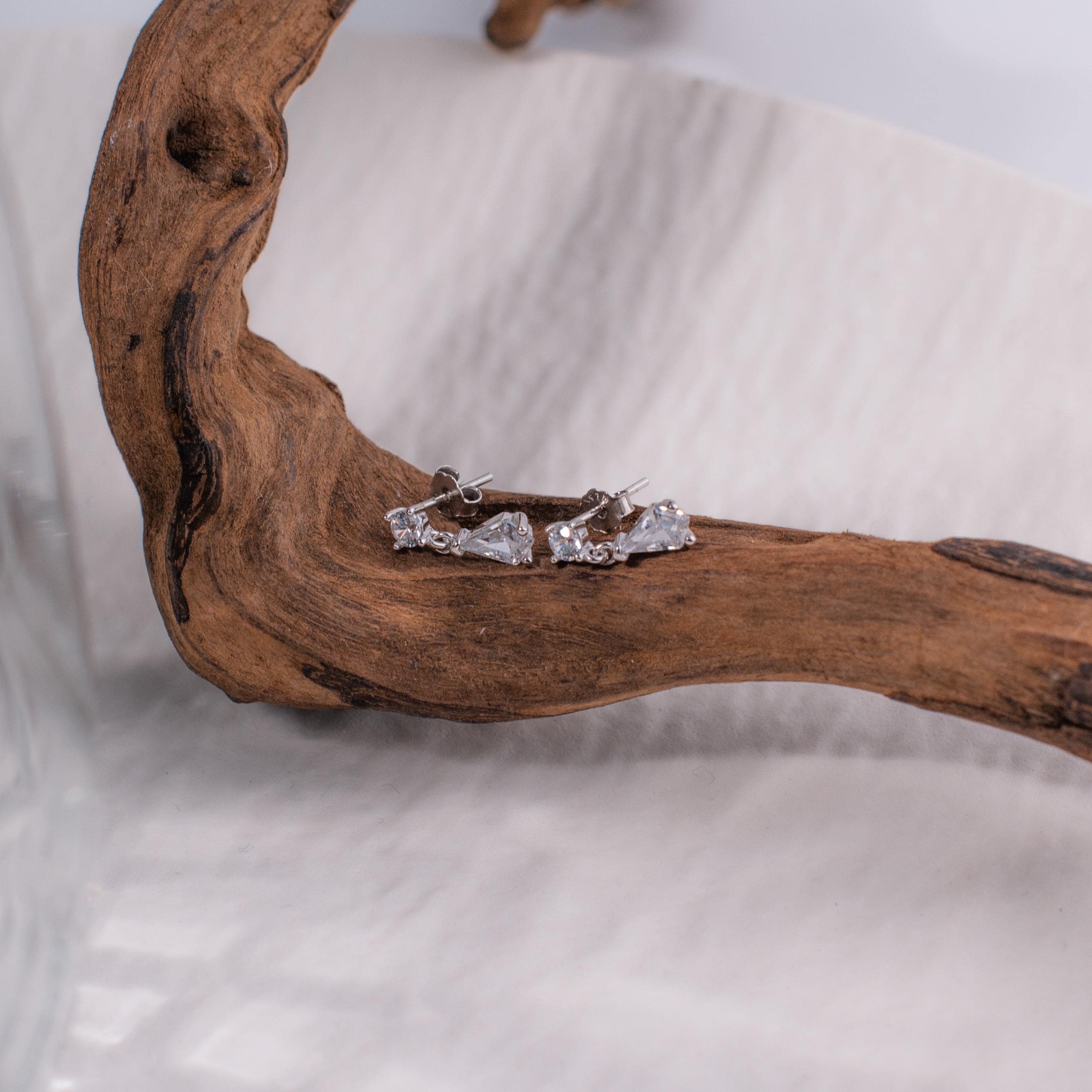 Diamond Drop Stud Earrings, Sterling Silver Diamond Earrings, Double Dangle Studs, Two Diamond Earrings, Wedding Earrings, Bridal Earrings