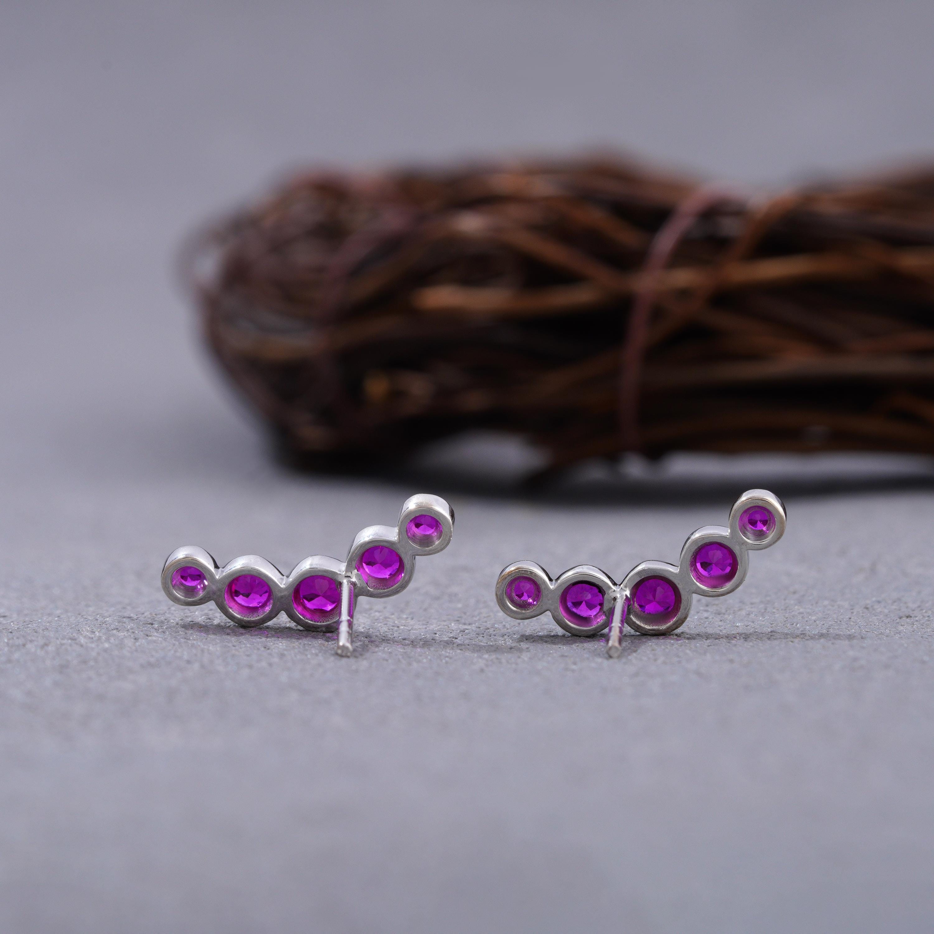 Gold Diamond Ear Climber. 5 Diamonds Ear Cuff in Silver. Ruby, Sapphire Diamond Stud Earrings. Crawler Earrings Gift. Same Day Shipping.