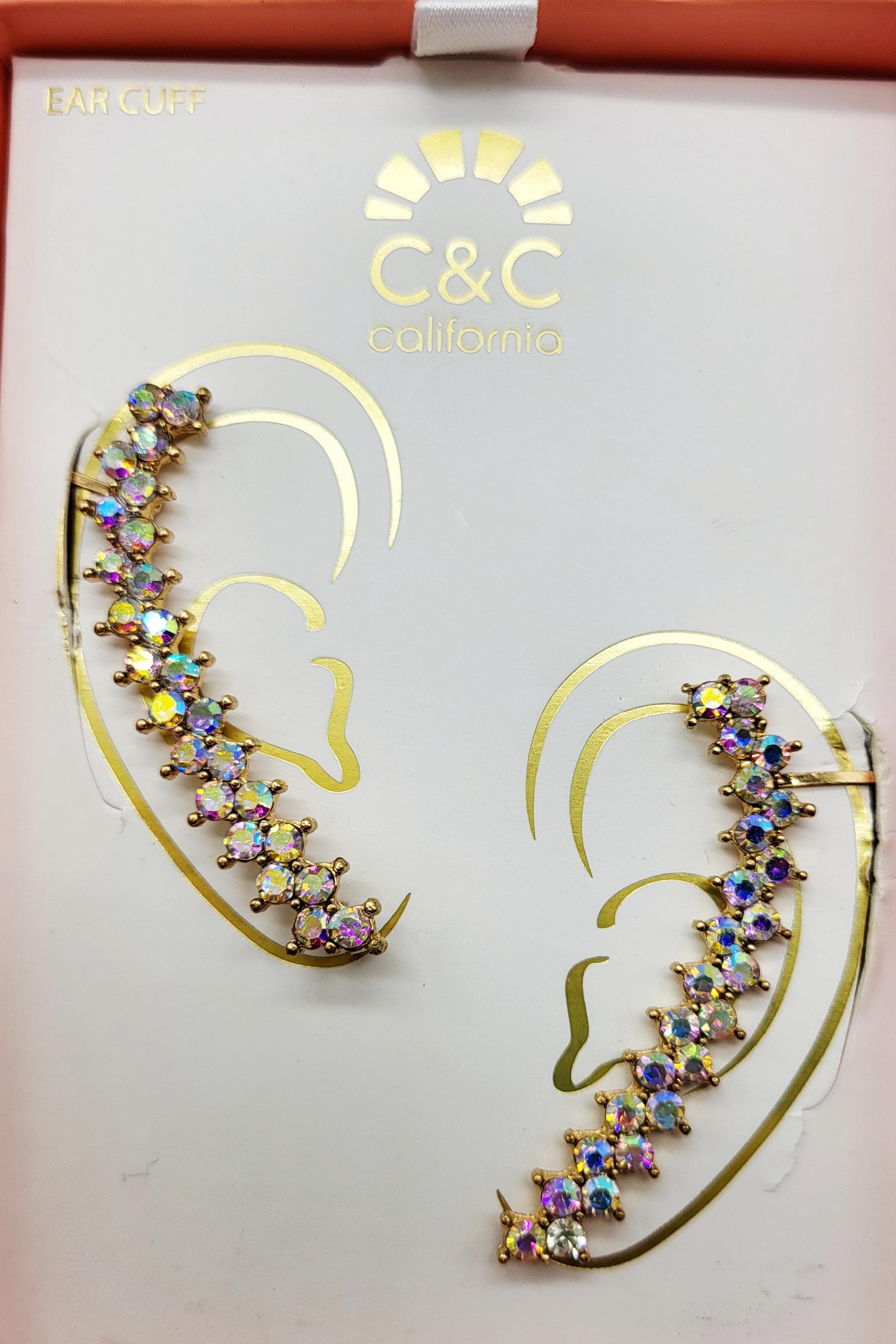 Estate C & C California Rhinestone Crystal Ear Cuff Stud Earrings, Ear Crawlers, Body Accessory, Costume