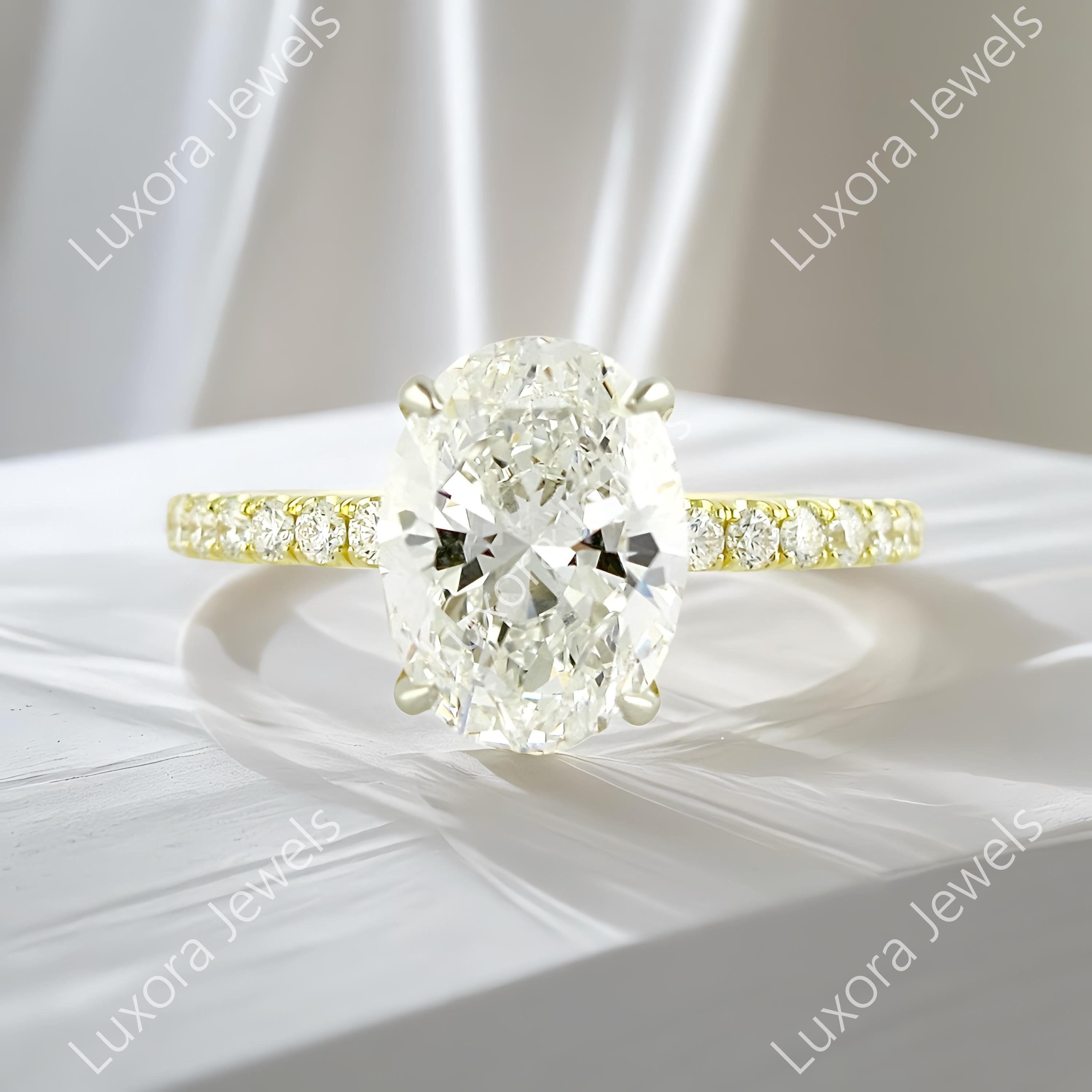 2 Ct Oval Cut Solitaire Diamond Ring, Classic Style Oval Moissanite Ring, 14K Yellow Wedding Bridal Ring, Gorgeous Pave Set Anniversary Gift