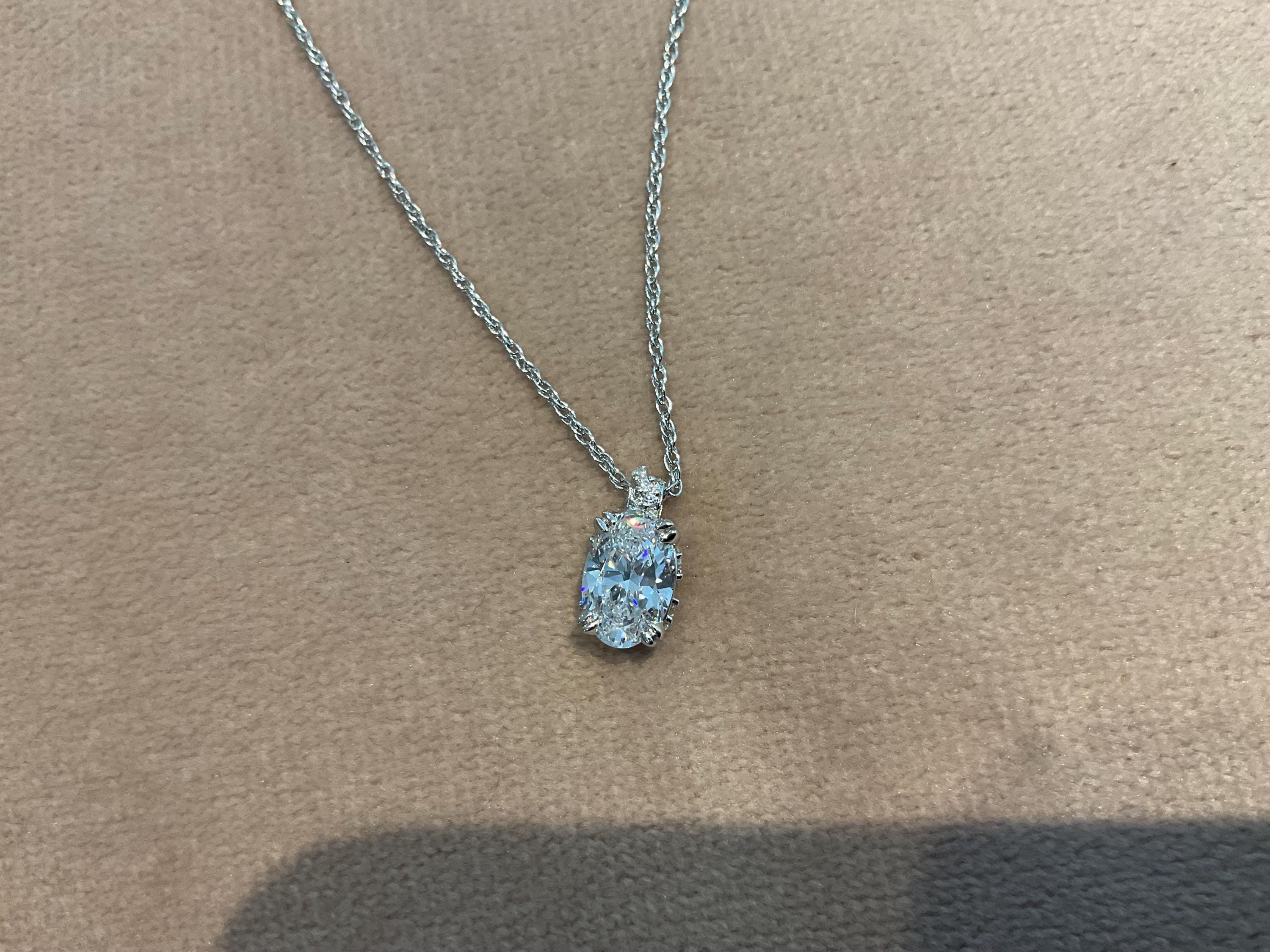 2.65 Carat Lab Created Diamond Oval Pendant: Platinum Plated Silver Necklace
