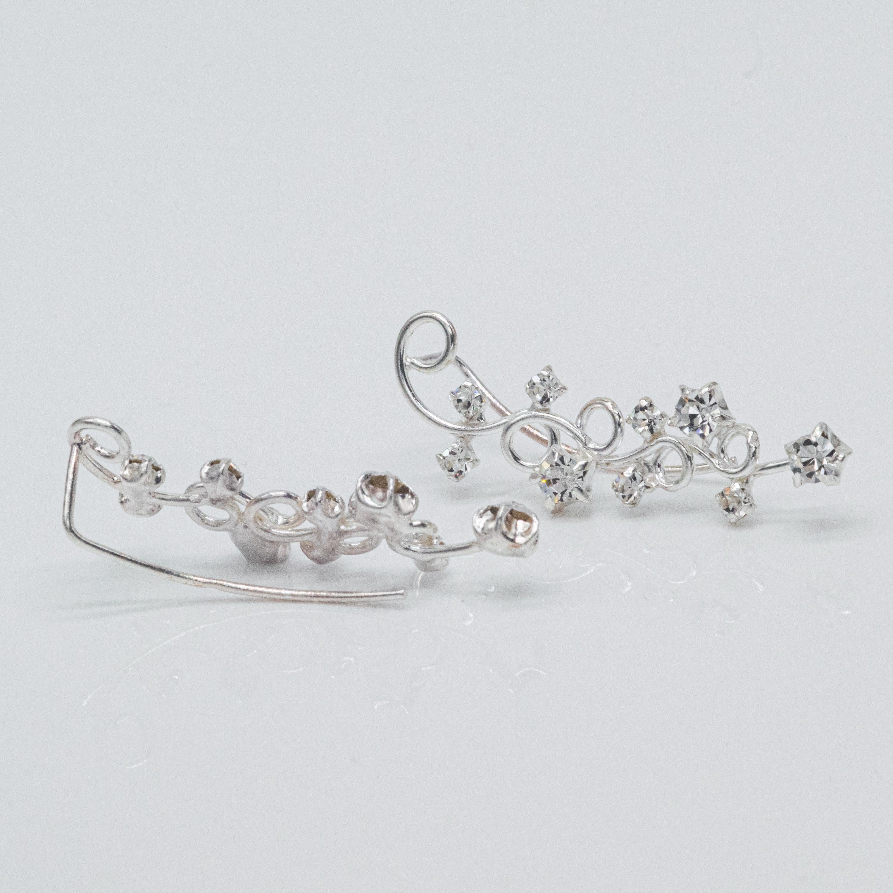 Sterling Silver Crystal Vine Ear Climber Floral Crawler Earrings