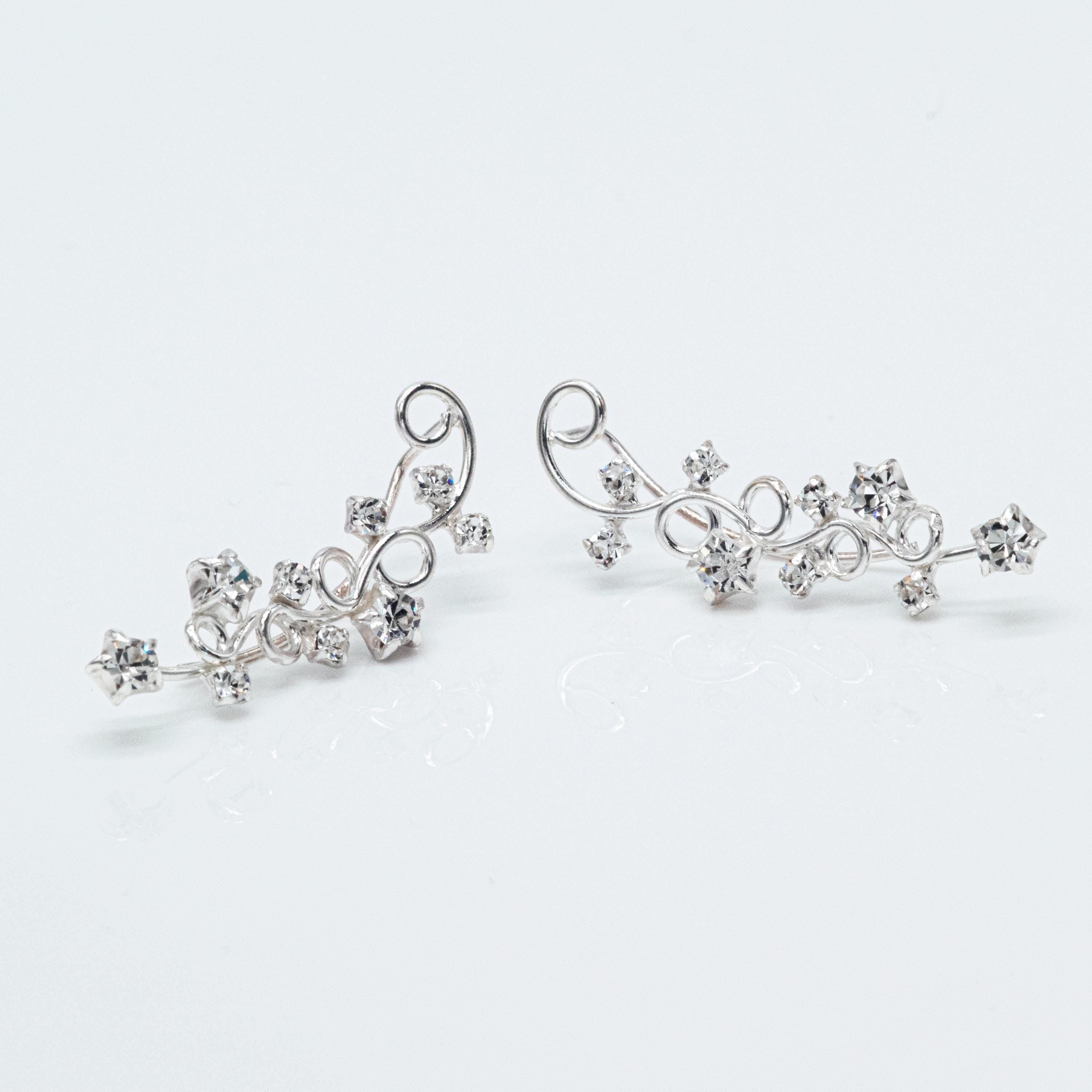 Sterling Silver Crystal Vine Ear Climber Floral Crawler Earrings
