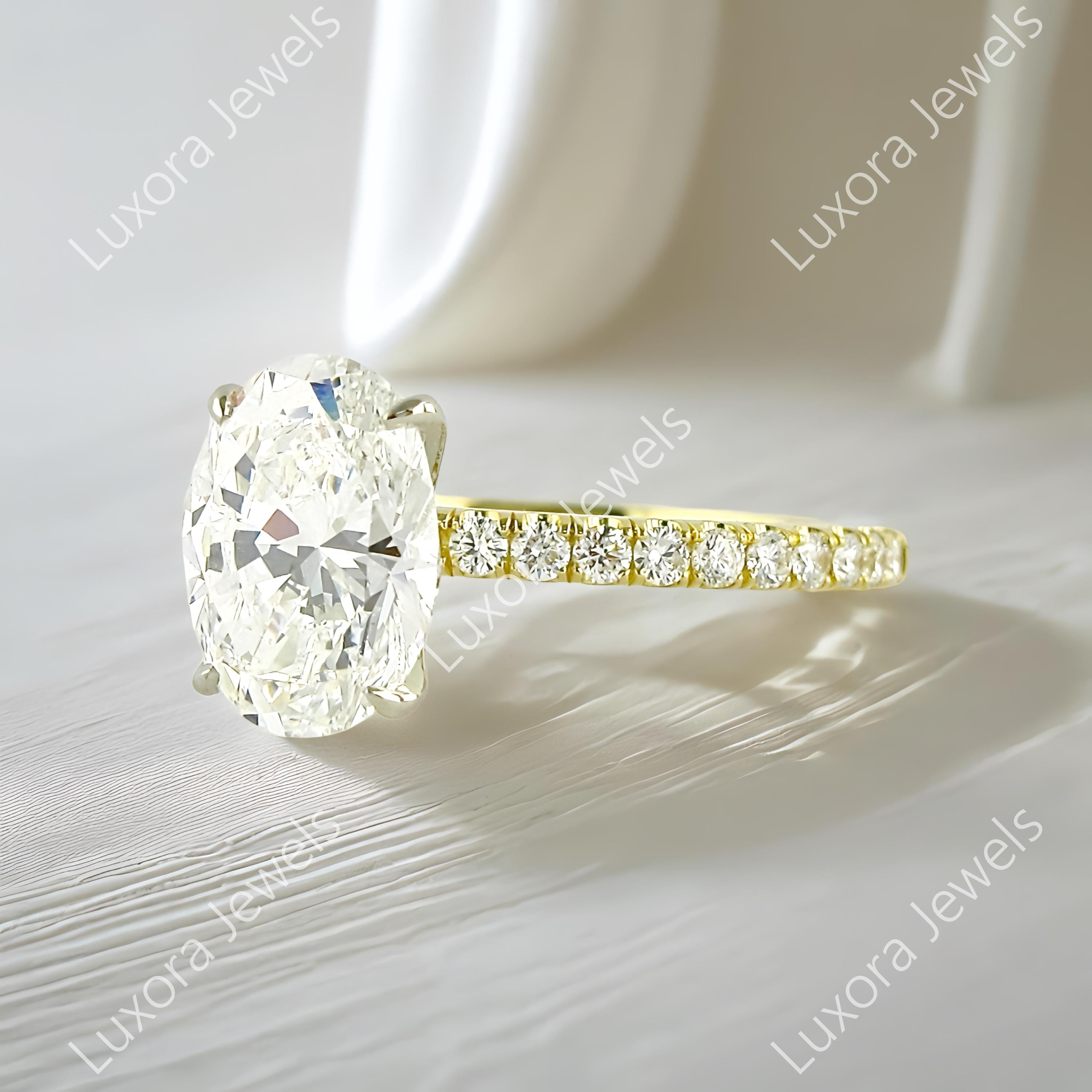 2 Ct Oval Cut Solitaire Diamond Ring, Classic Style Oval Moissanite Ring, 14K Yellow Wedding Bridal Ring, Gorgeous Pave Set Anniversary Gift