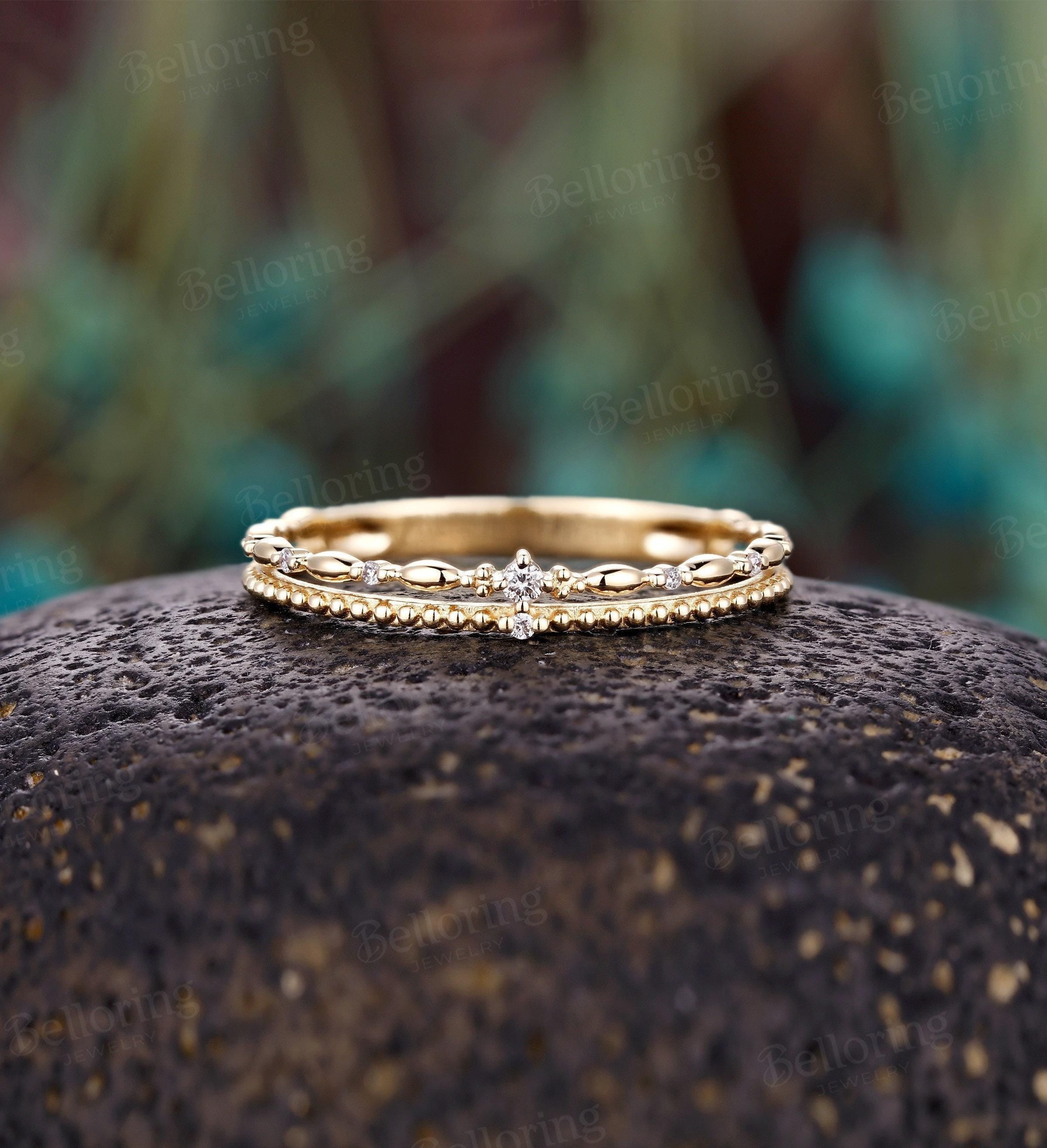 Delicate Double Diamond Wedding Band,14K Yellow Gold Ring,Vintage Milgrain Ring,Dainty Wedding Band Women,Minimalist Stacking Promise Band