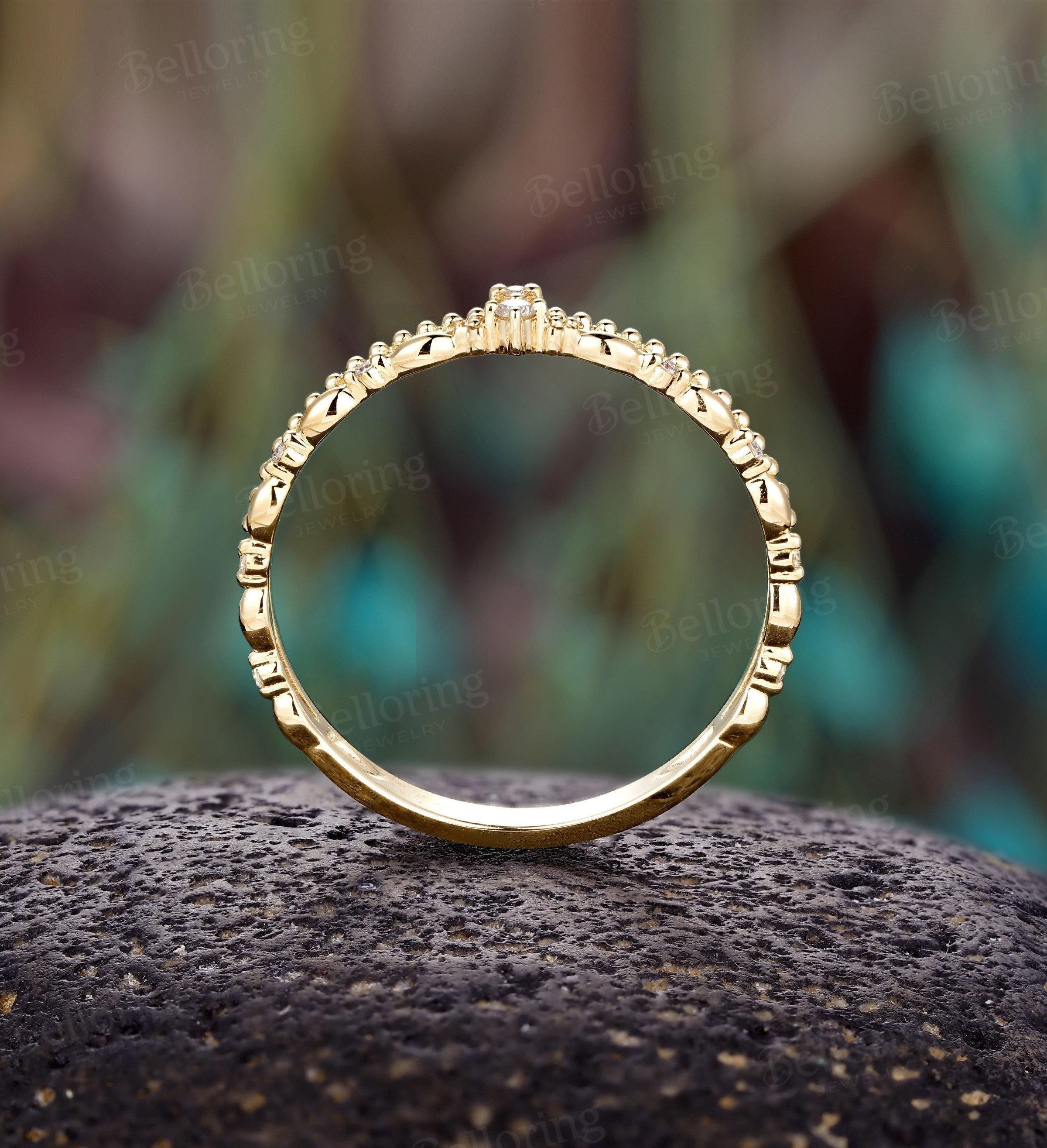 Delicate Double Diamond Wedding Band,14K Yellow Gold Ring,Vintage Milgrain Ring,Dainty Wedding Band Women,Minimalist Stacking Promise Band