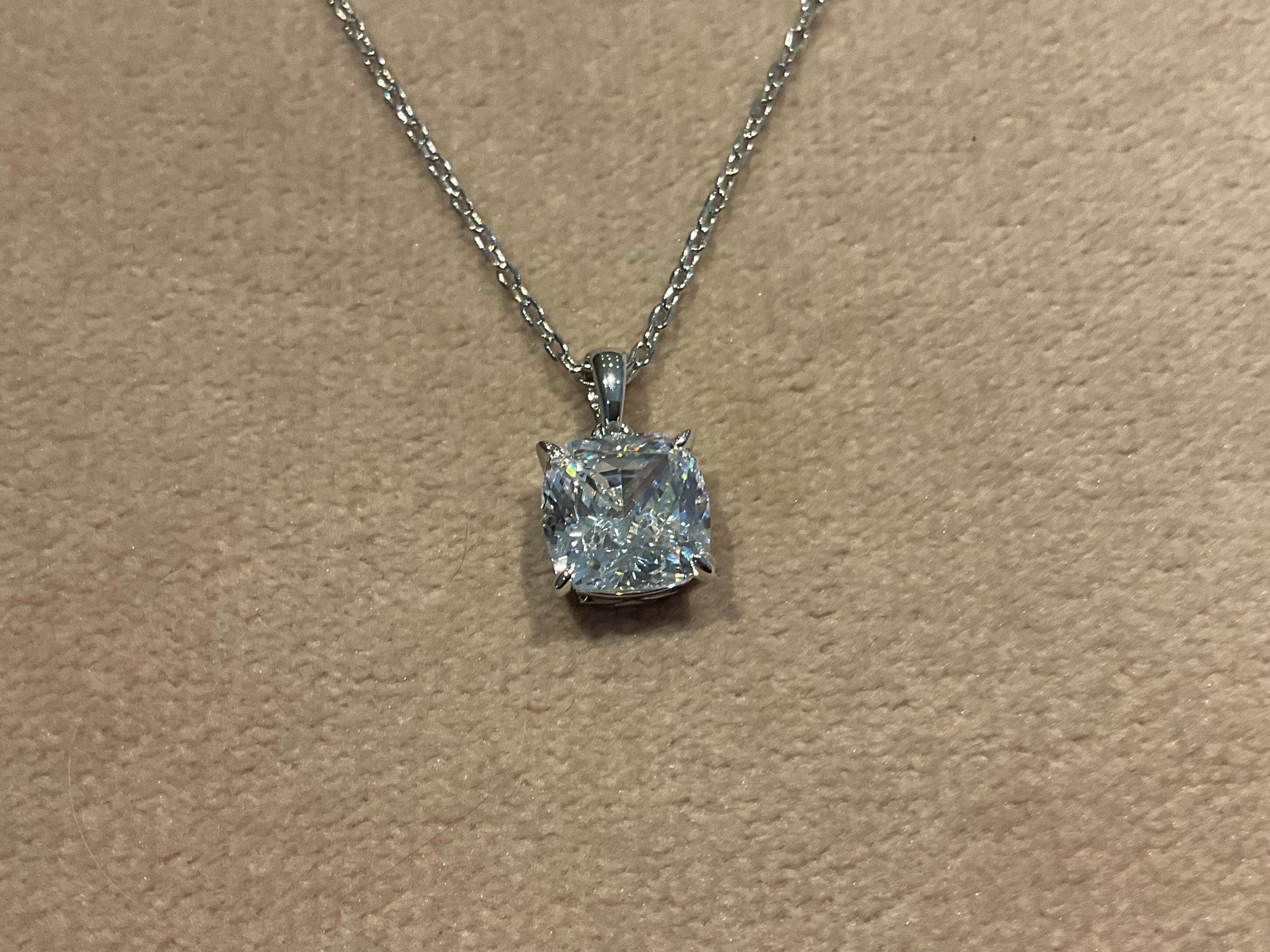 2.0 Carat Lab Diamond Cushion Pendant: Platinum Plated Silver Necklace