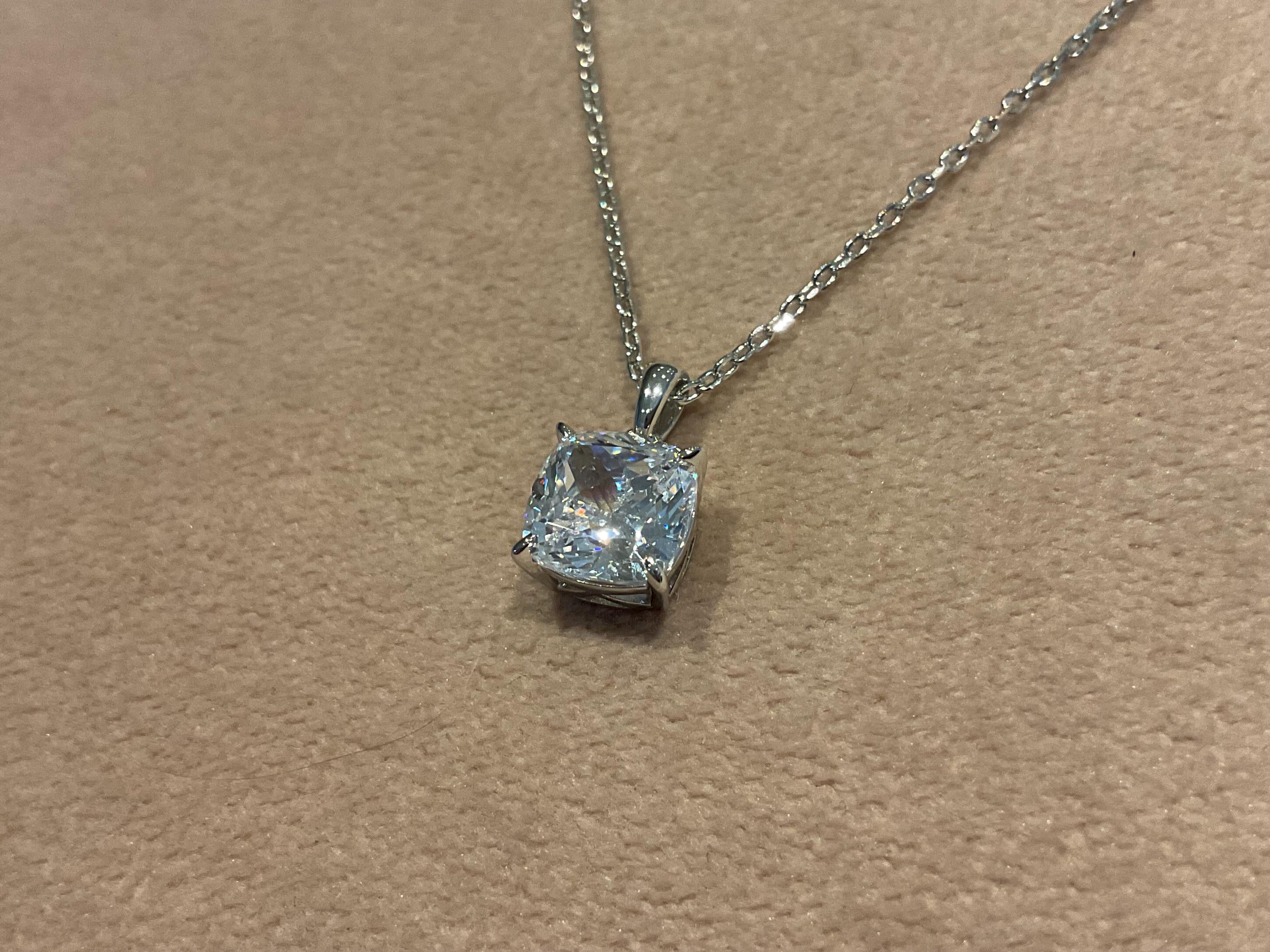 2.0 Carat Lab Diamond Cushion Pendant: Platinum Plated Silver Necklace