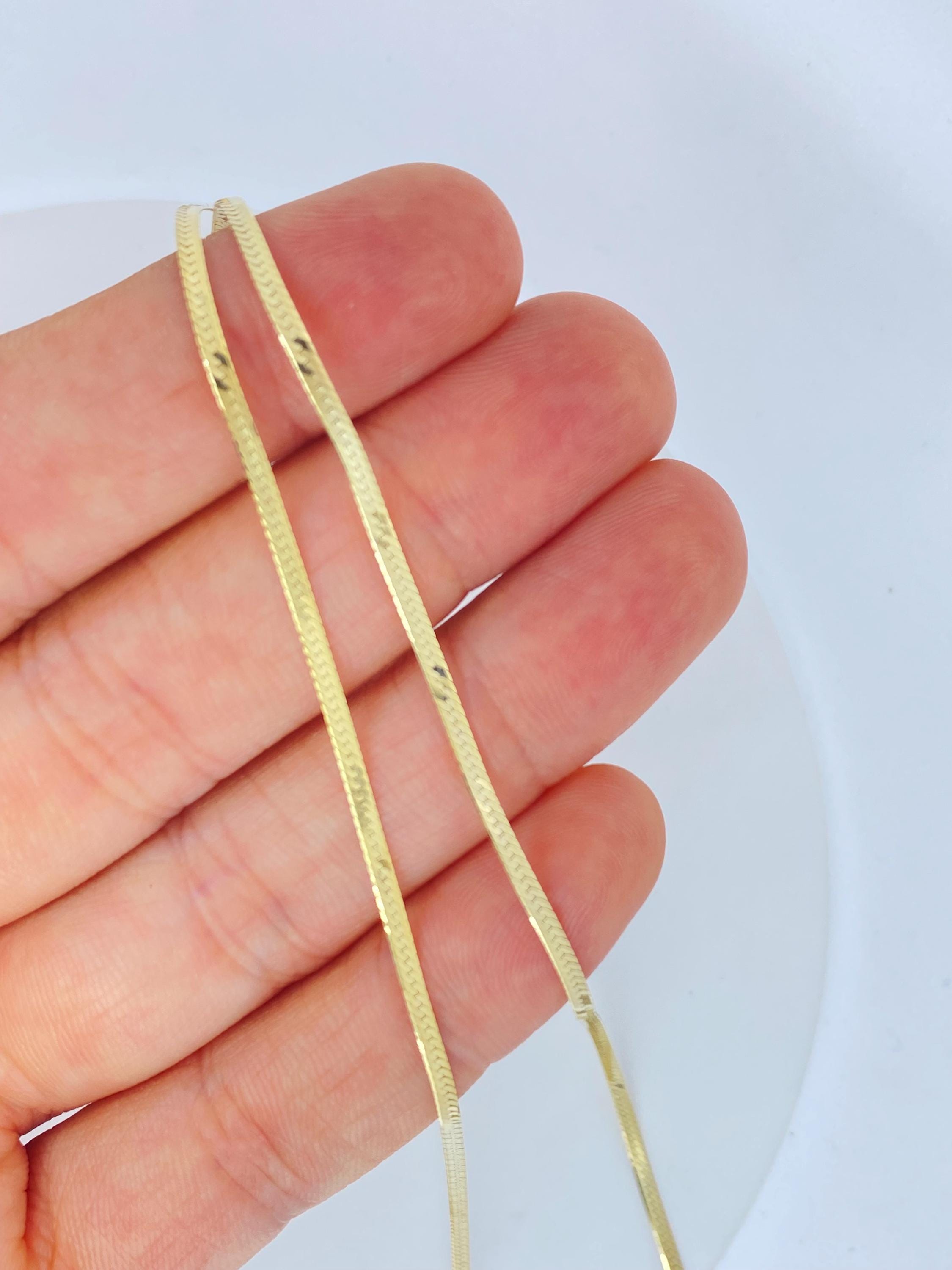 Solid 14K Gold Herringbone Necklace 2Mm, Solid 14K Flat Chain Choker Dainty Trending Shiny Gold Chain Choker, Solid 14Kt Liquid Gold Chain