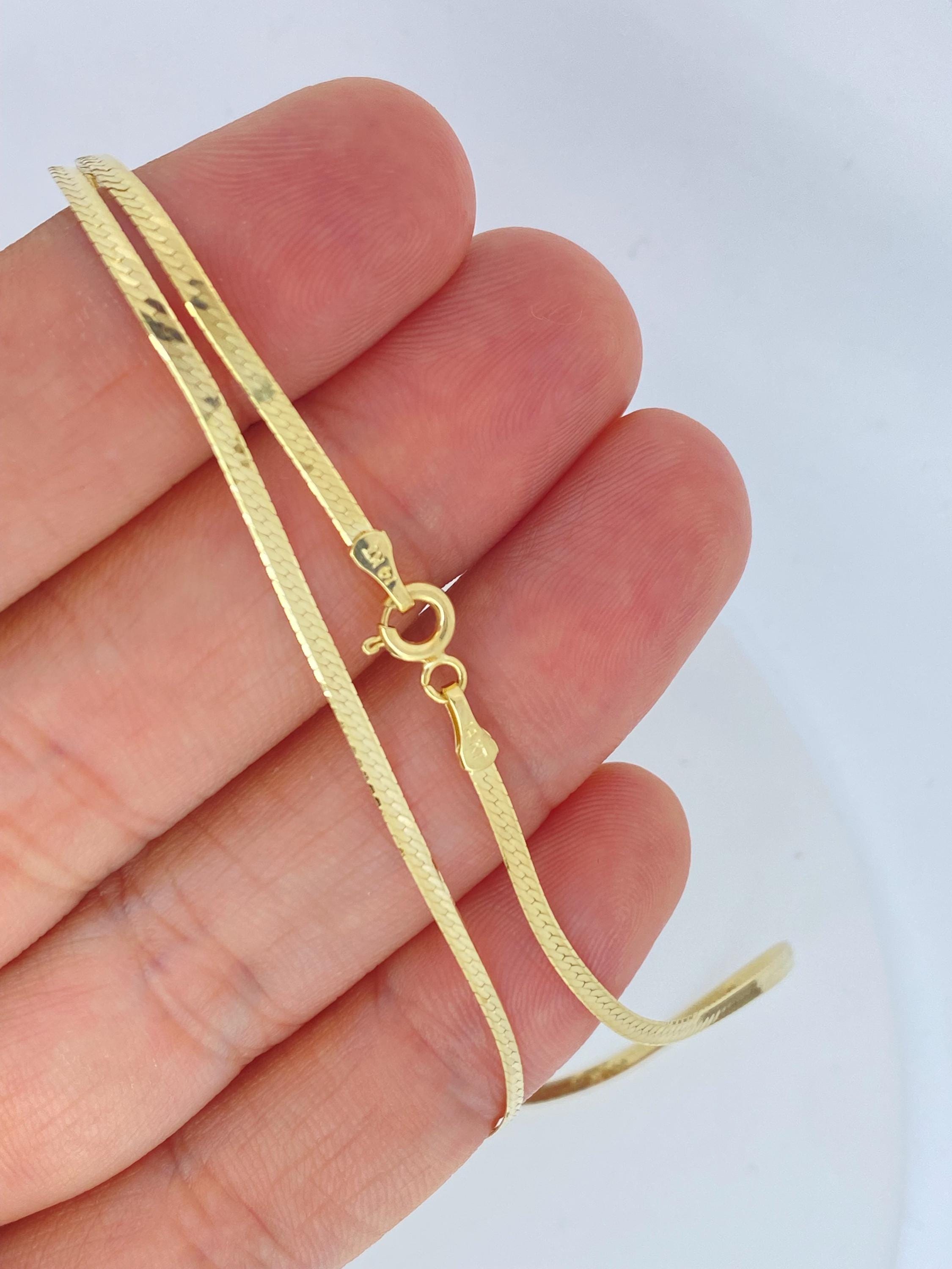 Solid 14K Gold Herringbone Necklace 2Mm, Solid 14K Flat Chain Choker Dainty Trending Shiny Gold Chain Choker, Solid 14Kt Liquid Gold Chain