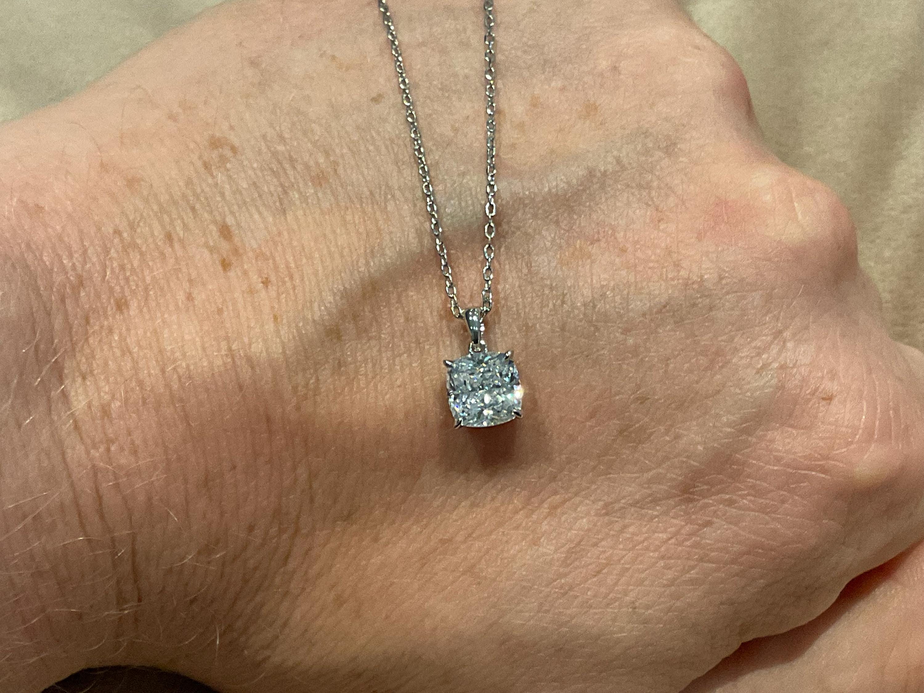 2.0 Carat Lab Diamond Cushion Pendant: Platinum Plated Silver Necklace