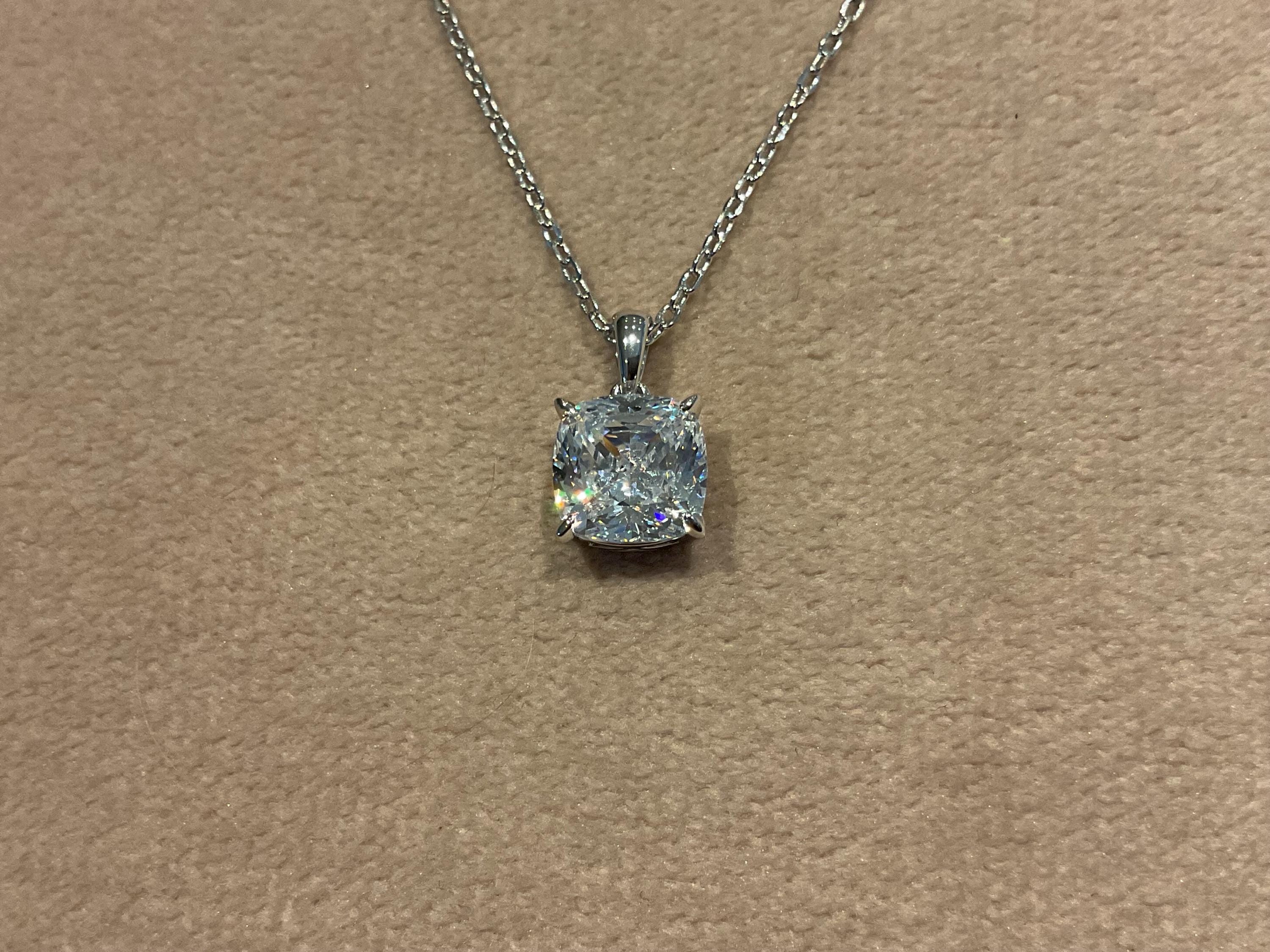 2.0 Carat Lab Diamond Cushion Pendant: Platinum Plated Silver Necklace