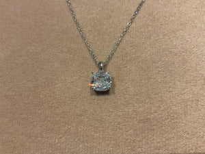 2.0 Carat Lab Diamond Cushion Pendant: Platinum Plated Silver Necklace