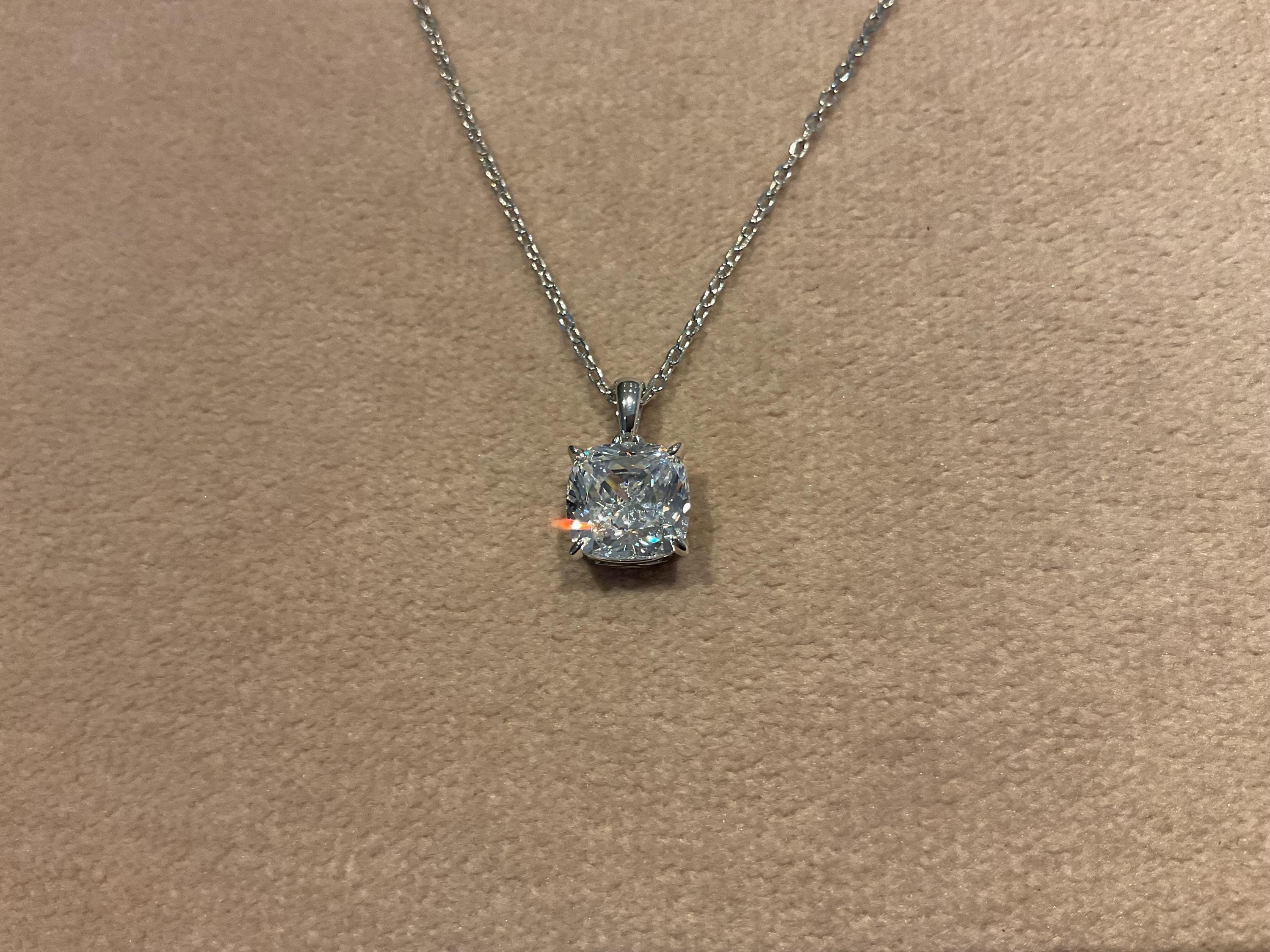 2.0 Carat Lab Diamond Cushion Pendant: Platinum Plated Silver Necklace