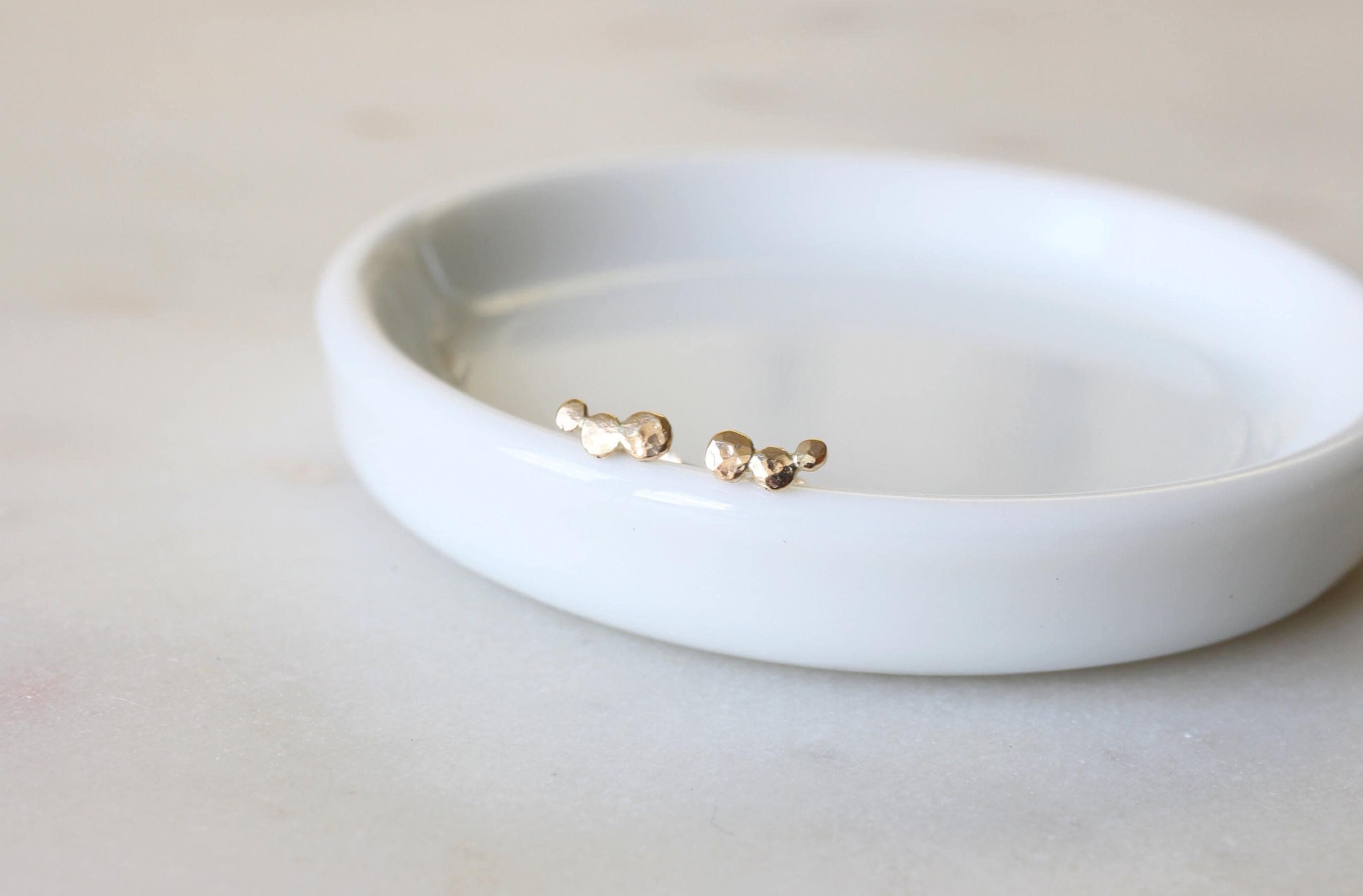 Elegant Solid Gold Hammered Triple Dot Stud Earrings - Available in 9K, 14K, & 18K Gold.