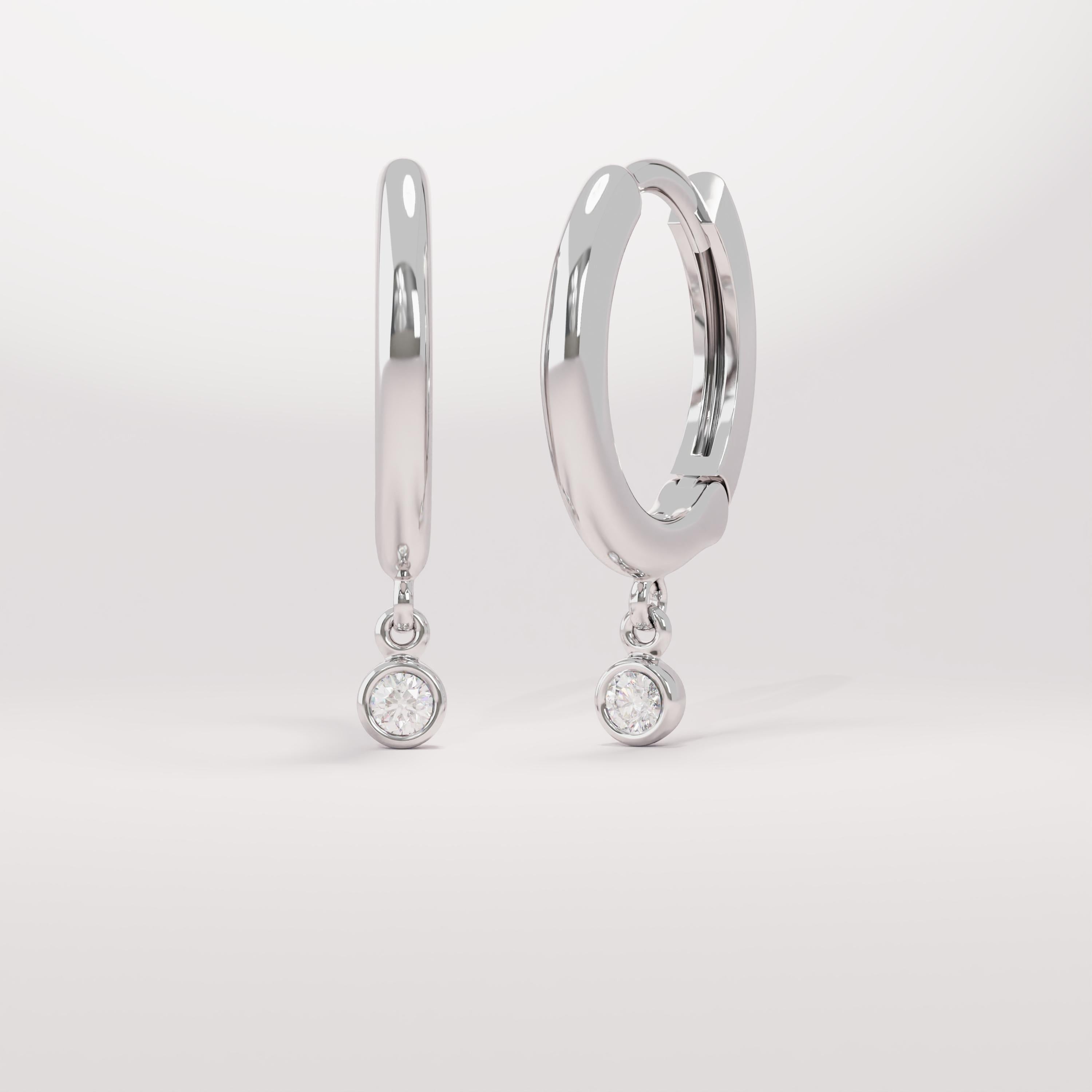 14K Solid Gold Diamond Drop Hoop Earrings, Dainty Bezel Diamond Charm Hoops, Huggie Drop Earrings for Women, Luxury Bridal Jewelry
