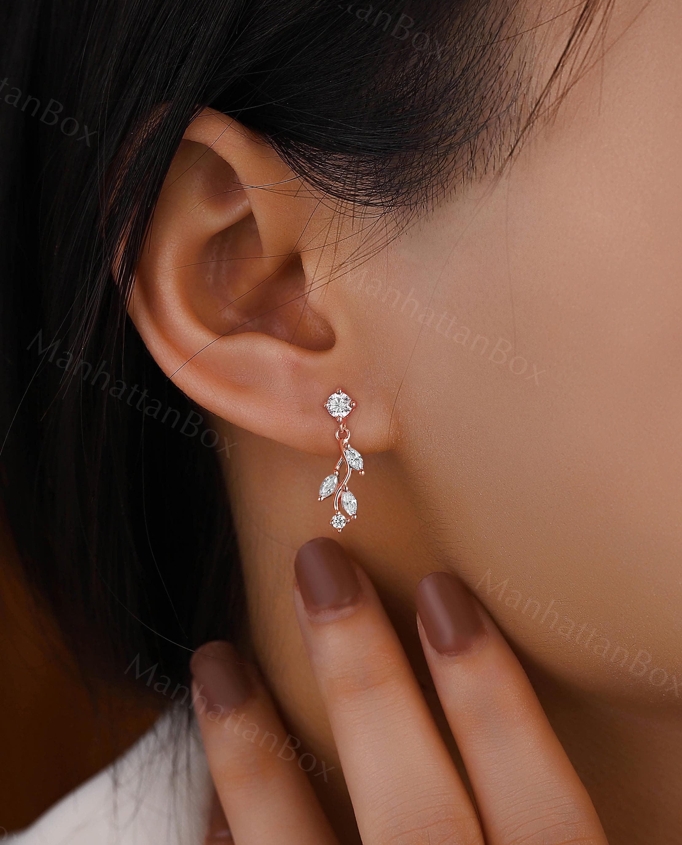 Dainty Leaf Diamond Dangle Earrings - Elegant Yellow Gold Moissanite Drop Earrings - Classic Minimalist Women Birthday Gift by