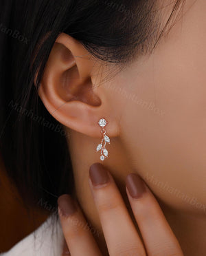 Dainty Leaf Diamond Dangle Earrings - Elegant Yellow Gold Moissanite Drop Earrings - Classic Minimalist Women Birthday Gift by