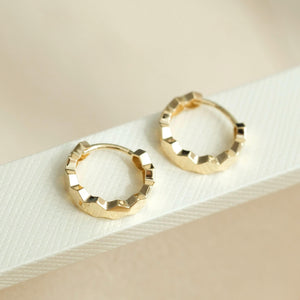 Gorgeous 14K Solid Gold Honeycomb Huggie Hoop Earrings for Women - Faceted Design.
