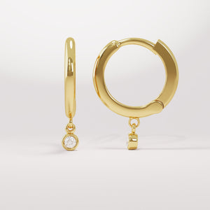 14K Solid Gold Diamond Drop Hoop Earrings, Dainty Bezel Diamond Charm Hoops, Huggie Drop Earrings for Women, Luxury Bridal Jewelry