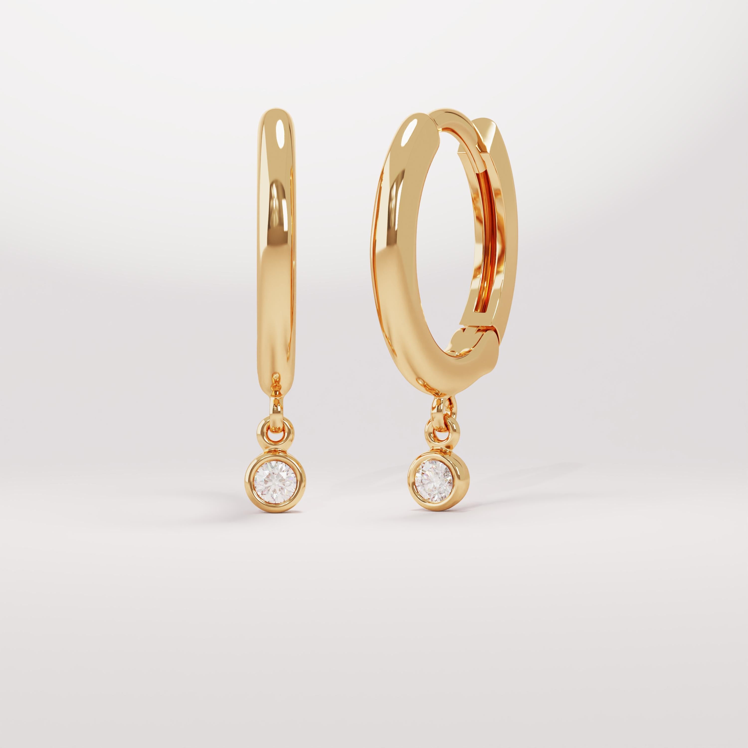 14K Solid Gold Diamond Drop Hoop Earrings, Dainty Bezel Diamond Charm Hoops, Huggie Drop Earrings for Women, Luxury Bridal Jewelry