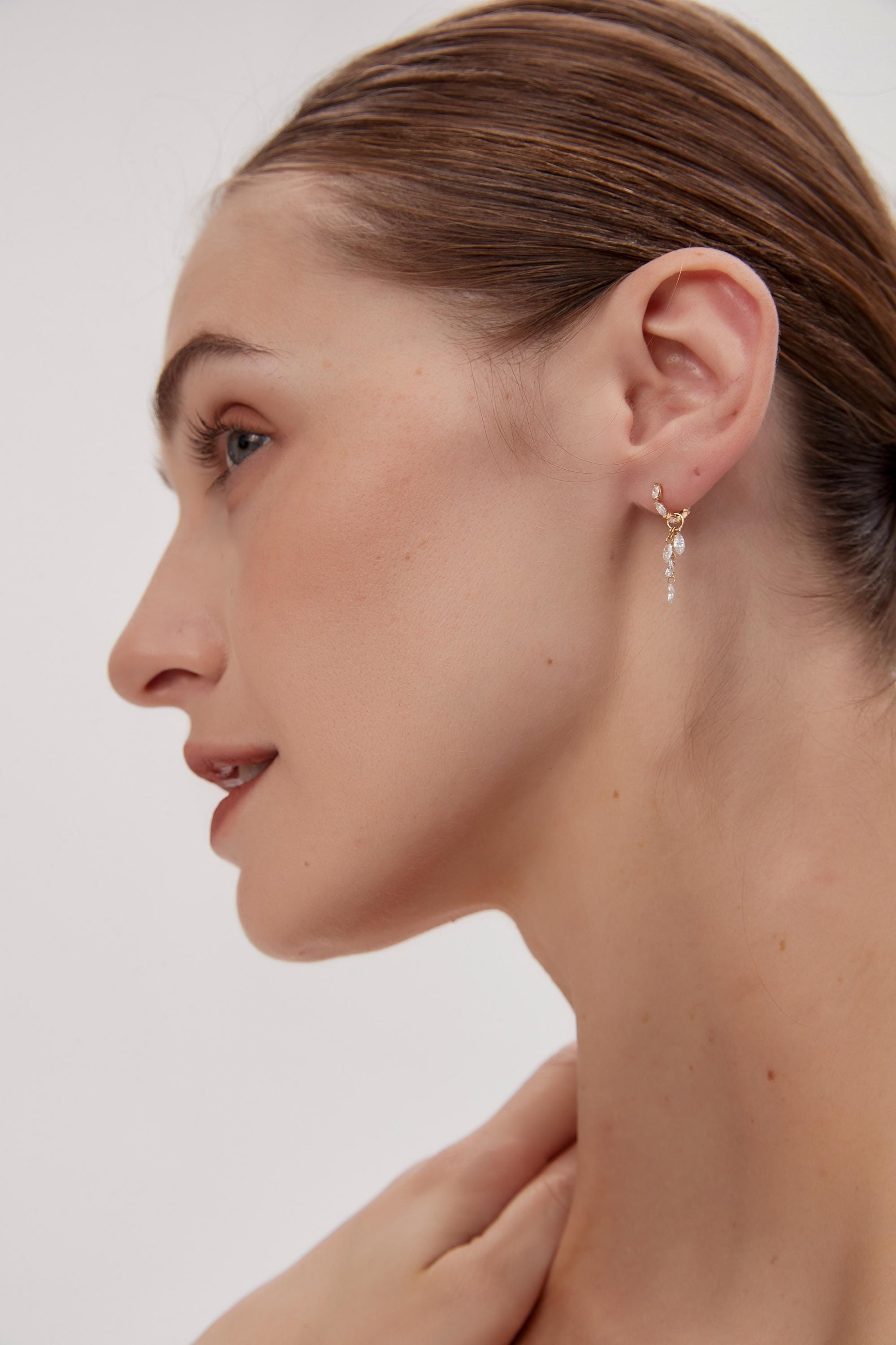 18K Gold Floating Marquise Diamond Charm Earring, Multi Diamond Dangle, Minimal Luxury Jewelry