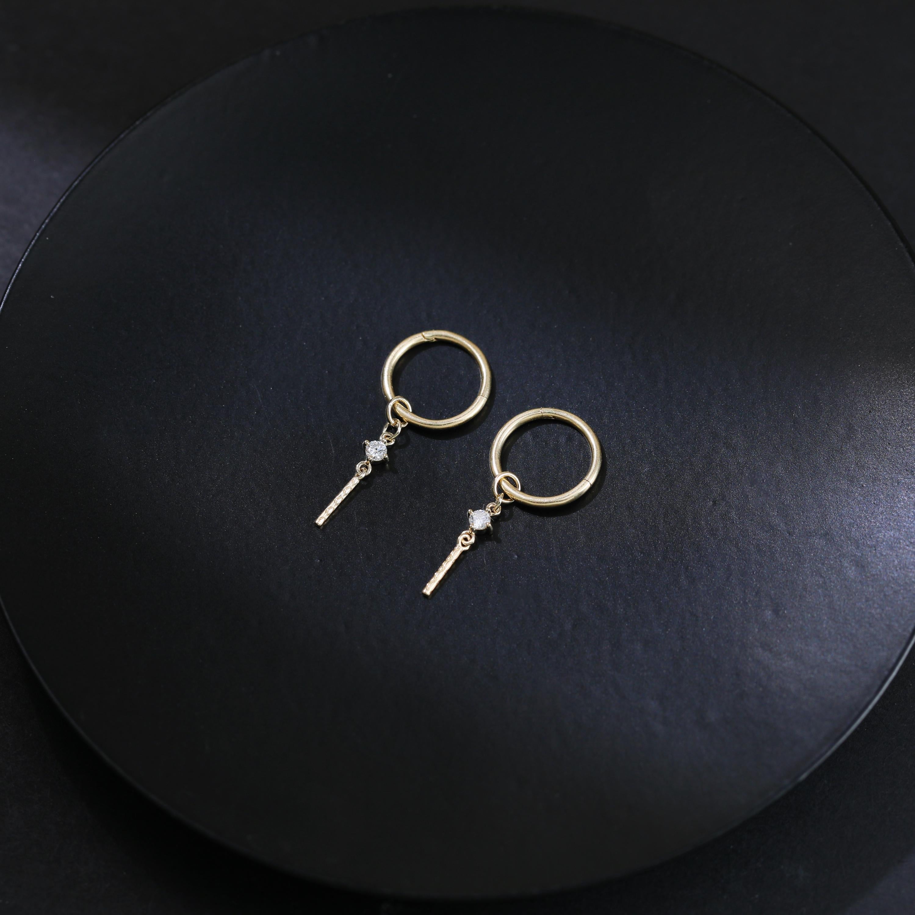 14K Solid Gold Diamond Dangle Charm, Twisted Bar Drop Charm, Gold Piercing Attachment, Fine Dainty Drop Jewelry for Helix, Lobe, Tragus