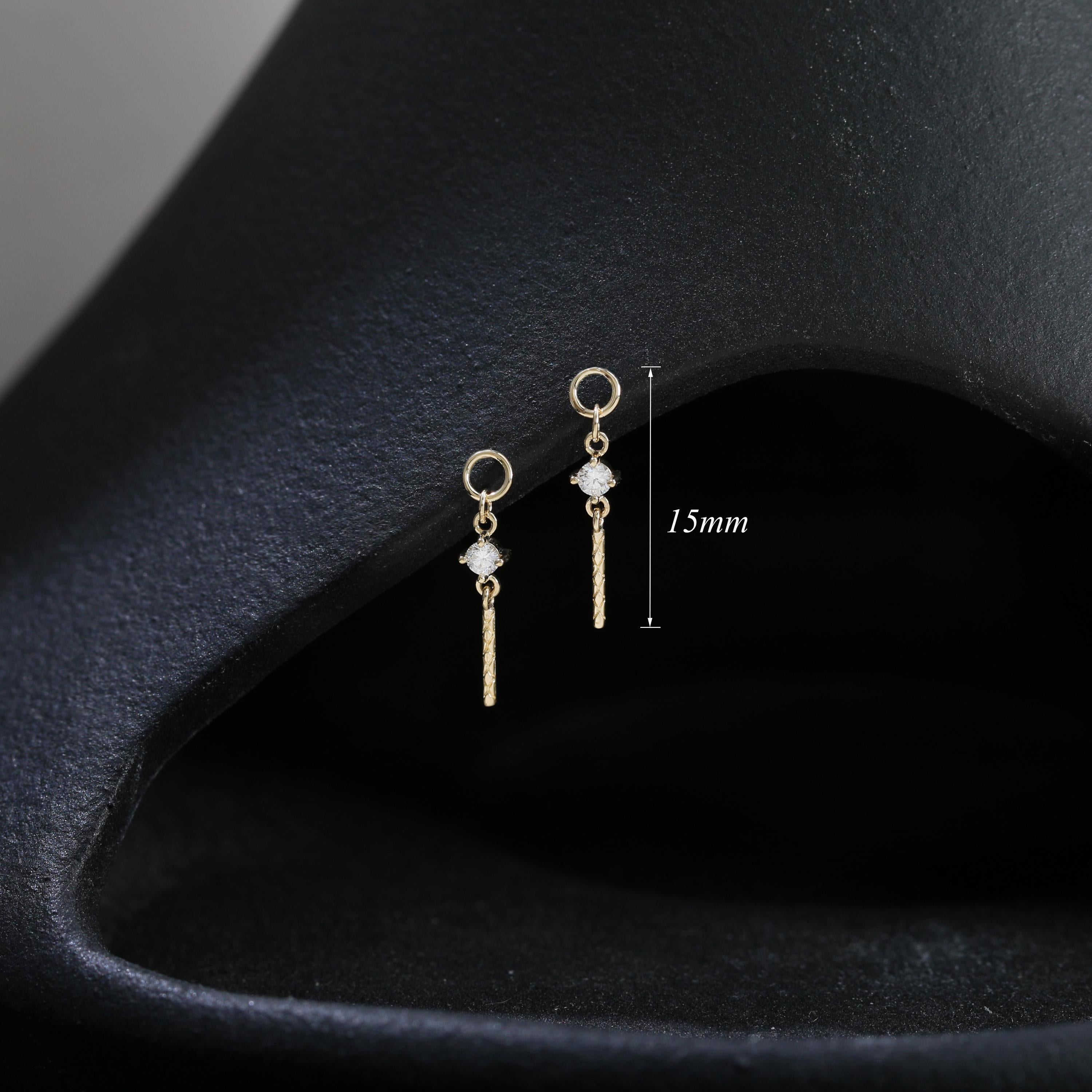 14K Solid Gold Diamond Dangle Charm, Twisted Bar Drop Charm, Gold Piercing Attachment, Fine Dainty Drop Jewelry for Helix, Lobe, Tragus