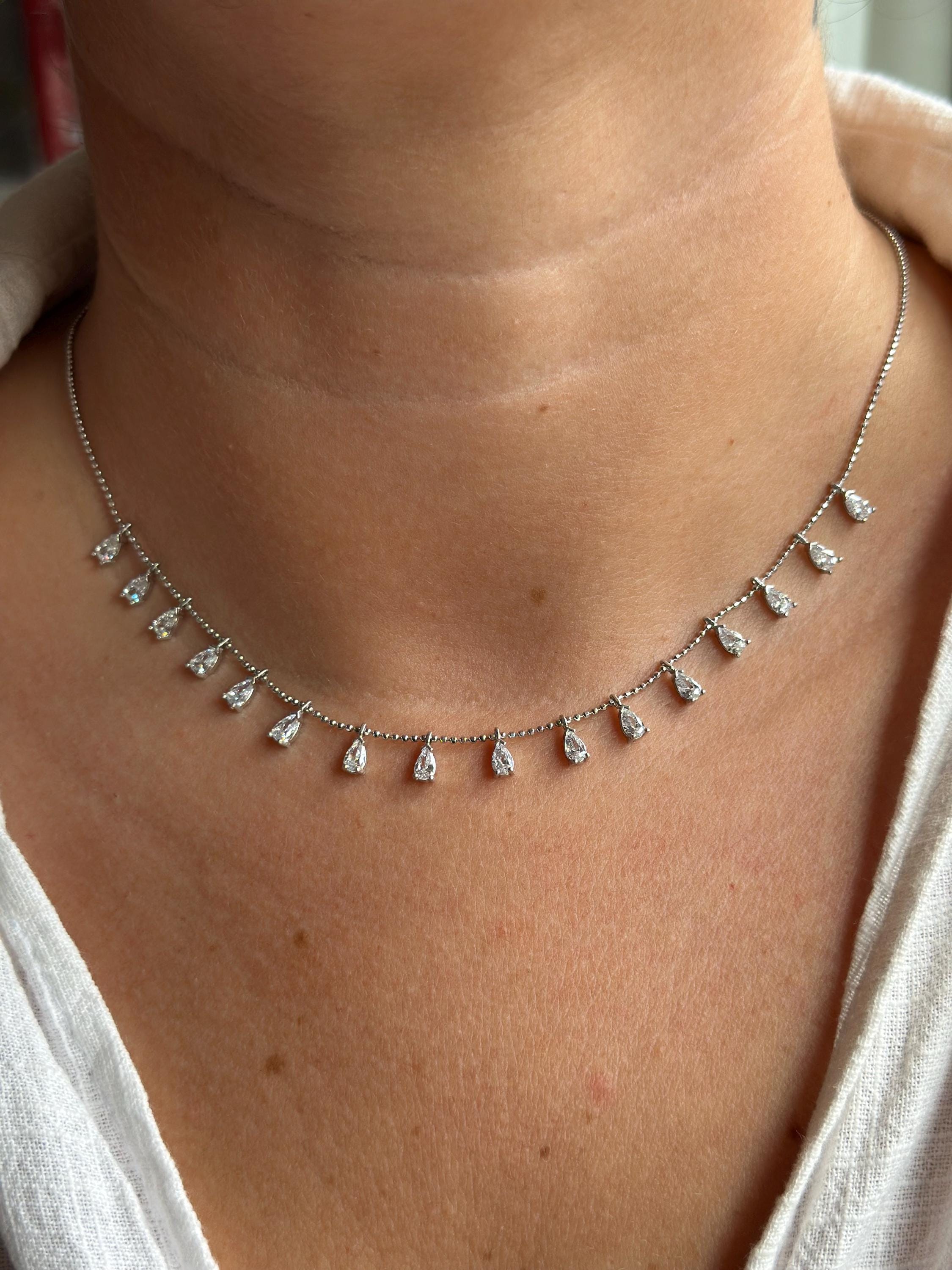14K Gold Teardrop Diamond Necklace, 925 Sterling Silver Dainty CZ Drop Necklace, Silver Layered Necklace, Elegant Bridal Jewelry, Gift Her