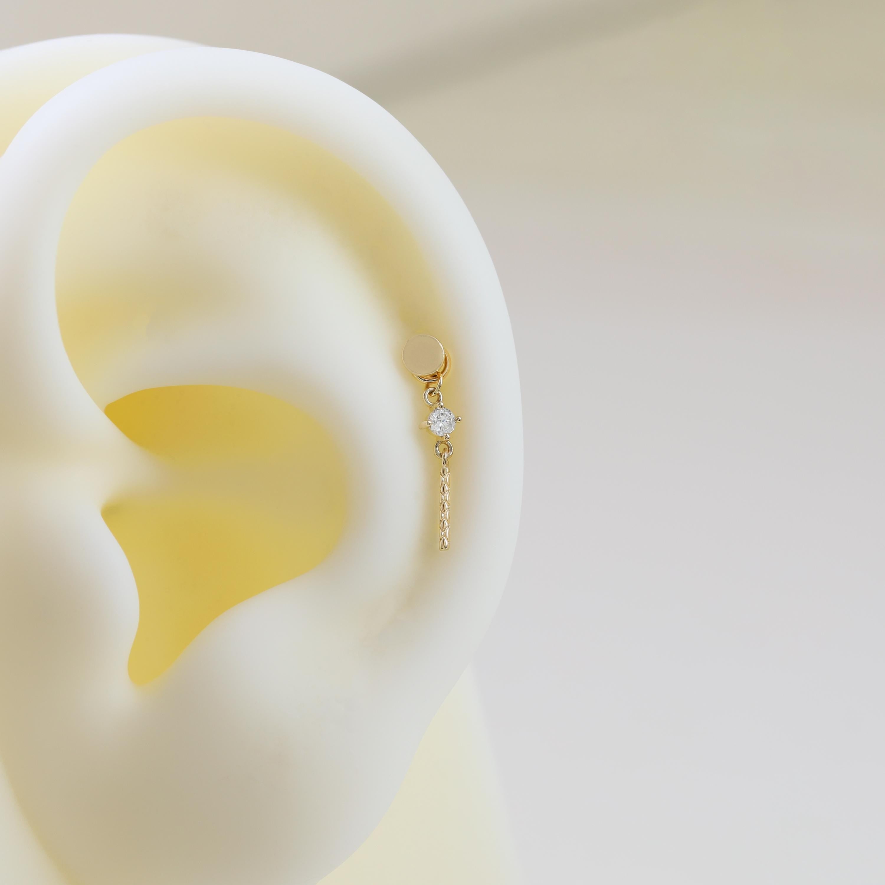 14K Solid Gold Diamond Dangle Charm, Twisted Bar Drop Charm, Gold Piercing Attachment, Fine Dainty Drop Jewelry for Helix, Lobe, Tragus