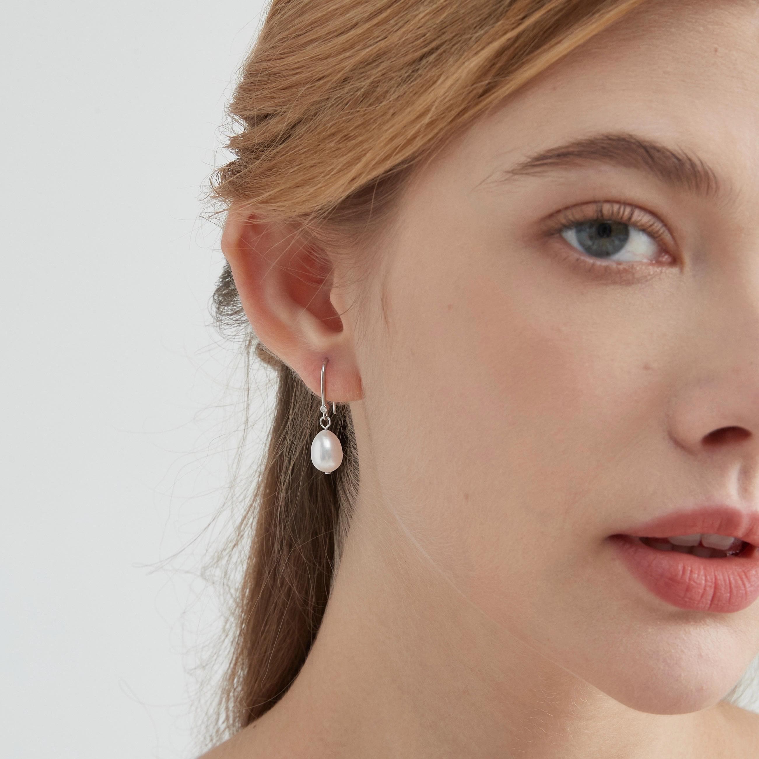 Natural Pearl Sterling Silver Dangle Earrings, Gold Plated S925 Hook Drop Earrings, Freshwater Pearl Wedding Bridal Earrings, Gift for Her