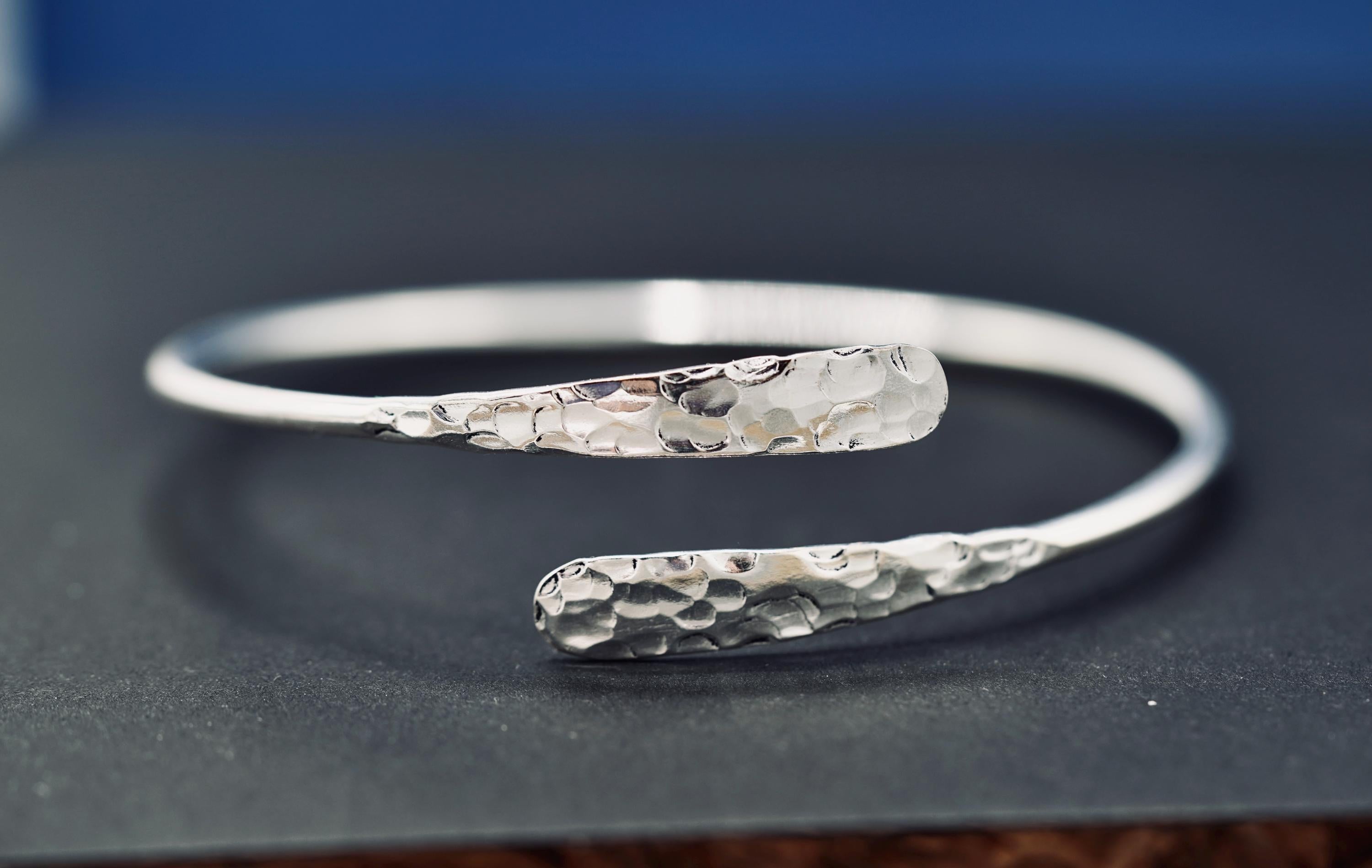 Tarnish-Free Hammered Silver Bracelet - Boho Rustic Bangle for Ethnic Style Lovers.
