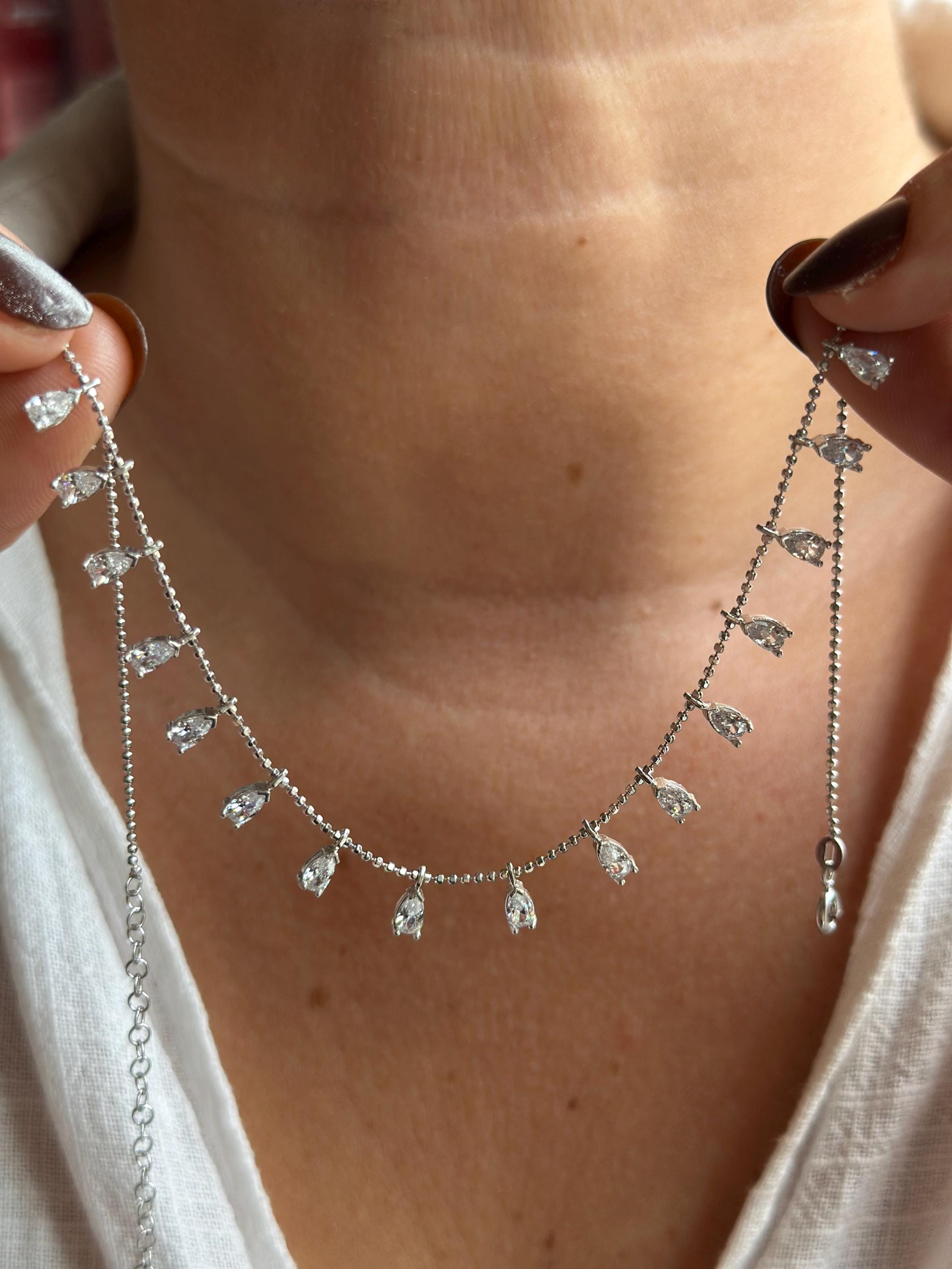 14K Gold Teardrop Diamond Necklace, 925 Sterling Silver Dainty CZ Drop Necklace, Silver Layered Necklace, Elegant Bridal Jewelry, Gift Her