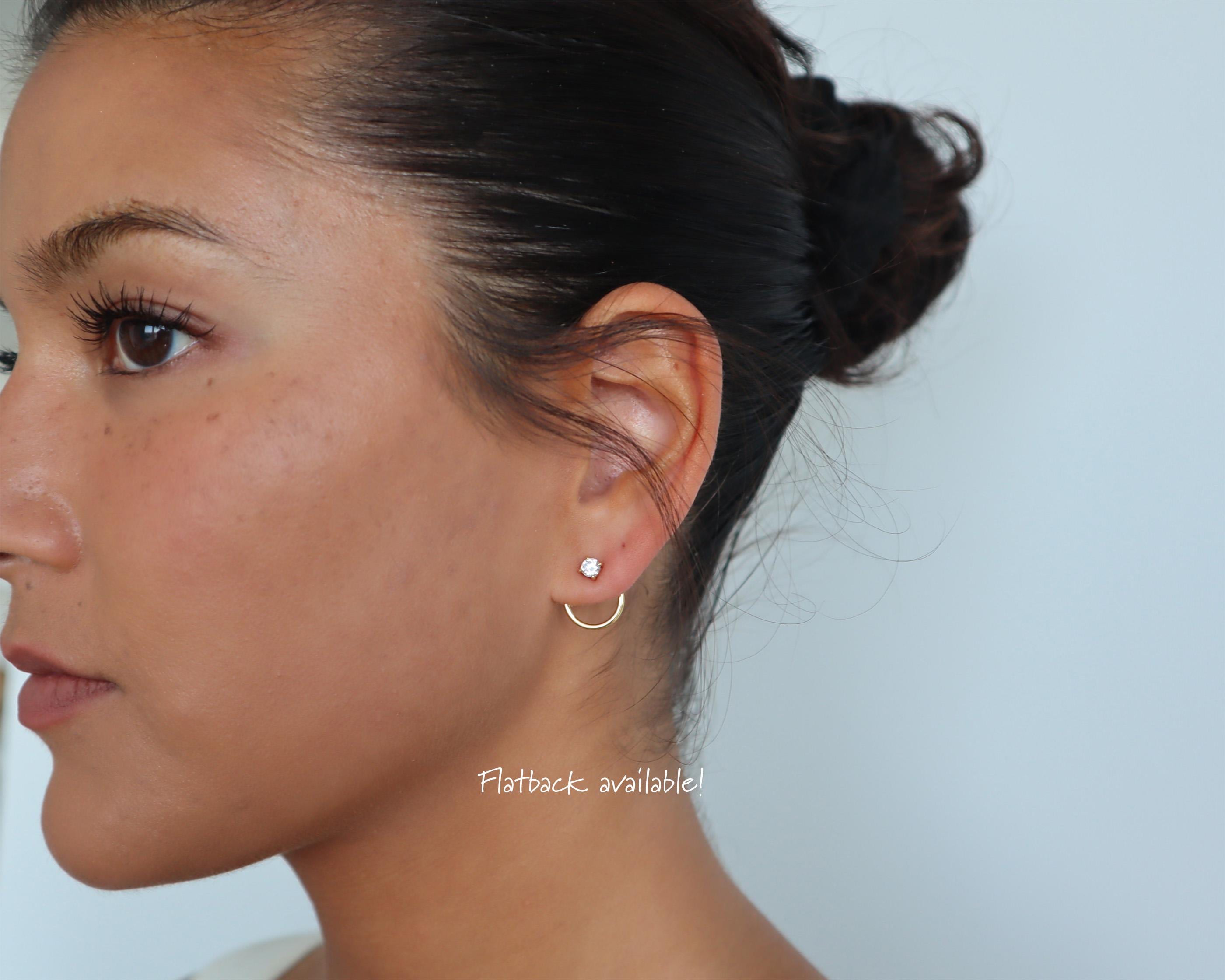 Waterproof-Flatback Sterling Silver Titanium Dainty Front Back Circle Earrings, Ear Jacket, Dainty Studs, CZ Diamond Studs