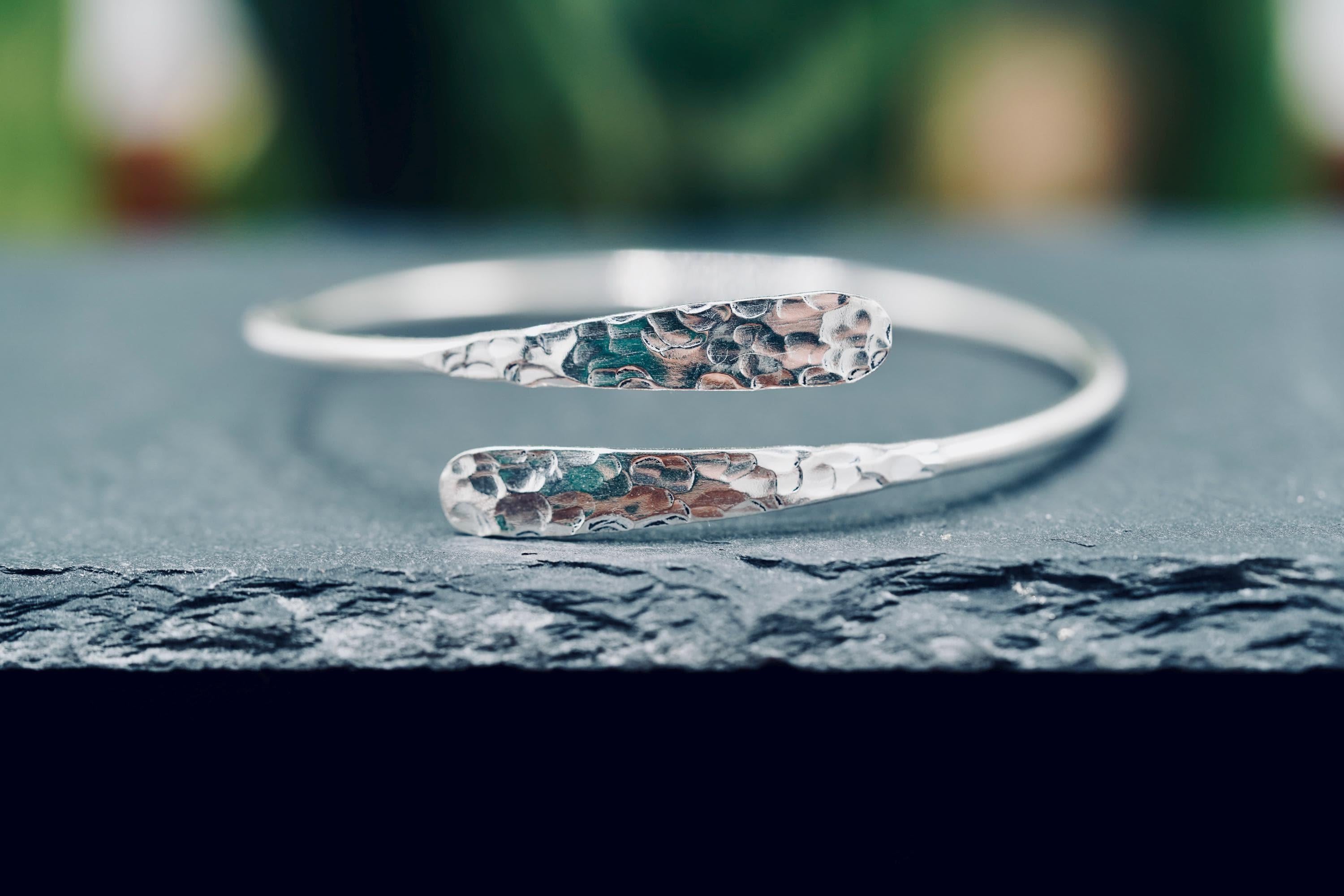 Tarnish-Free Hammered Silver Bracelet - Boho Rustic Bangle for Ethnic Style Lovers.